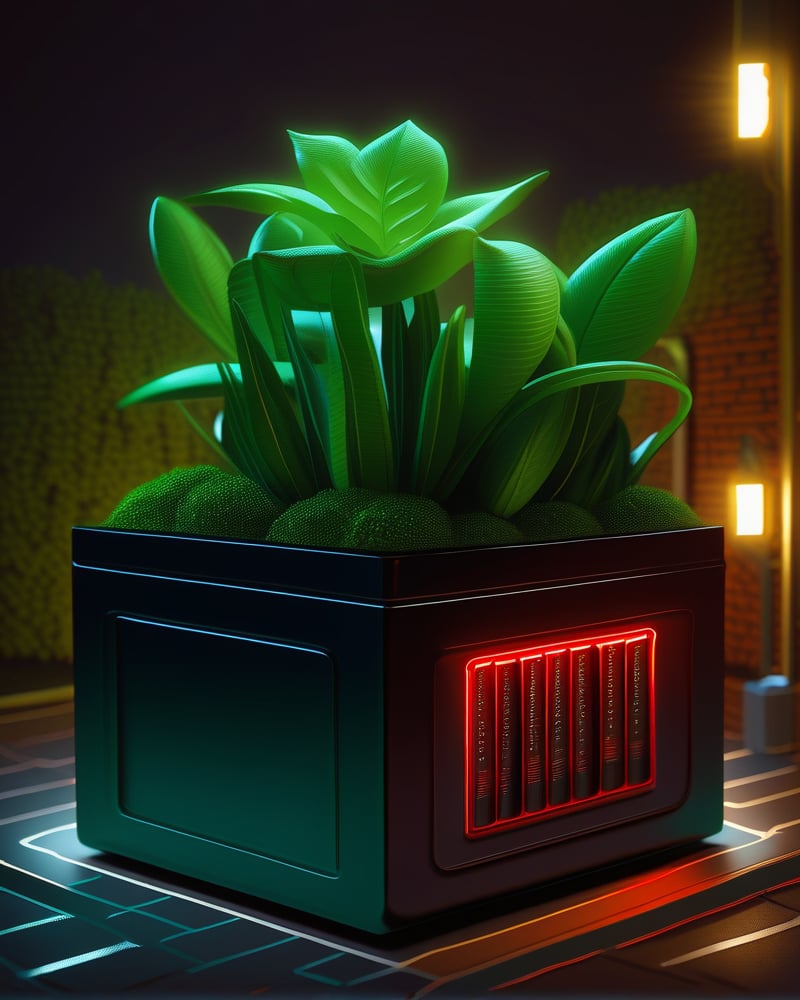 A _blood_ storage_ box_of_ great_style,  , best quality, garden, plants , green lights in box high quality, high detailed, perfect , high_detailed,dark bakground, realistic_look