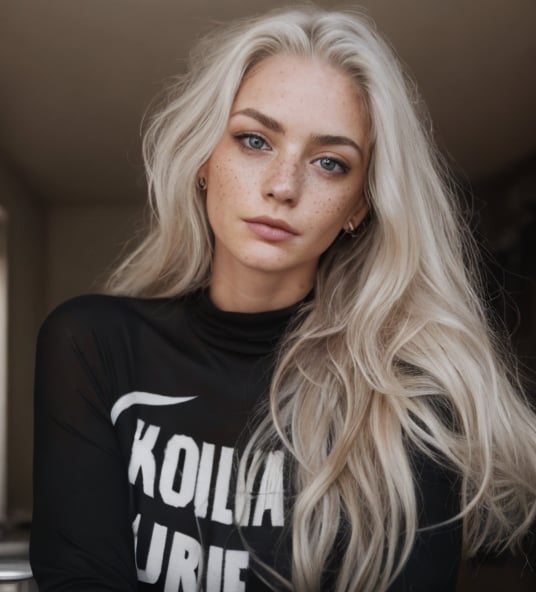 photo, rule of thirds, long hair, detailed face, detailed nose, woman wearing tank top, freckles, smirk, tattoo, realism,realistic,raw,analog,woman,portrait,photorealistic,analog,realism, black_background, red light in background, turtleneck shirt, skull tattoo on neck