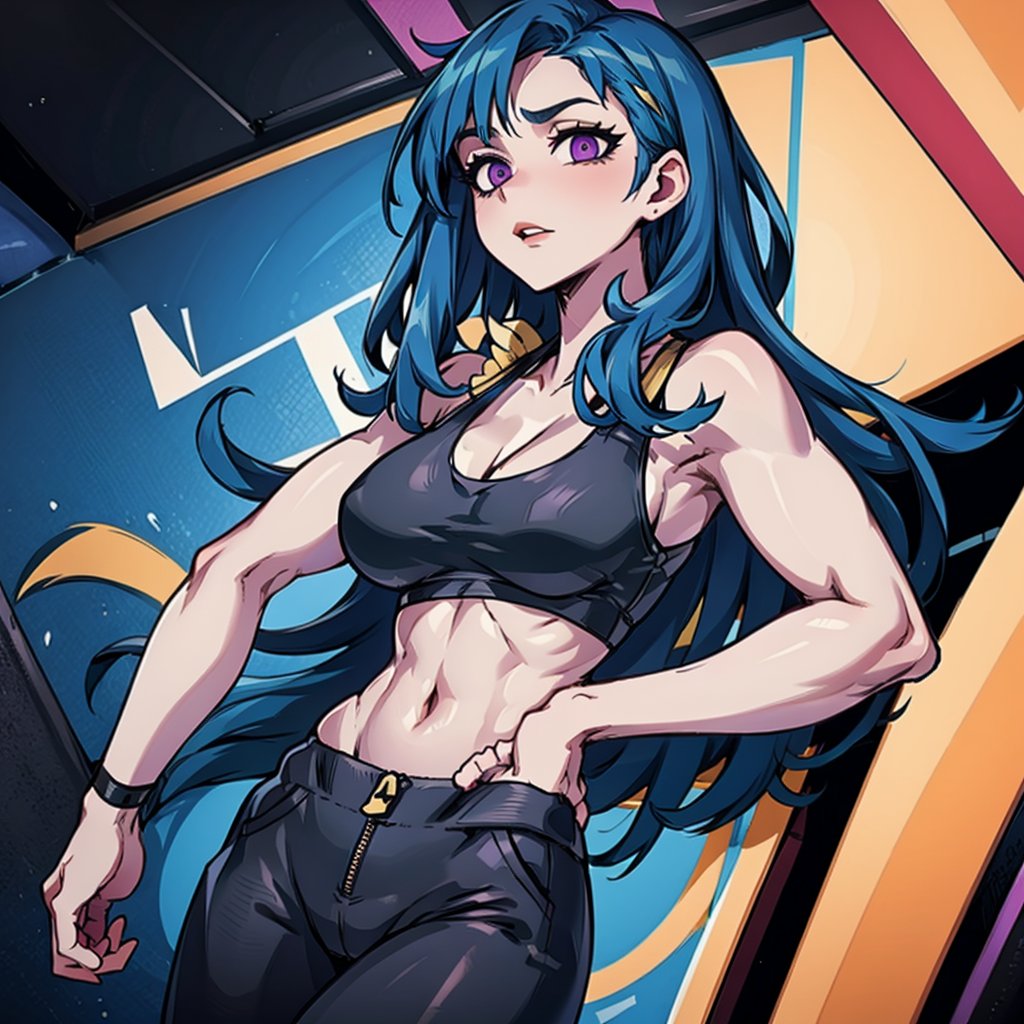 blue hair, ((((black sports bra)))), underboob, black pants, zipper, chain, midriff, purple eyes