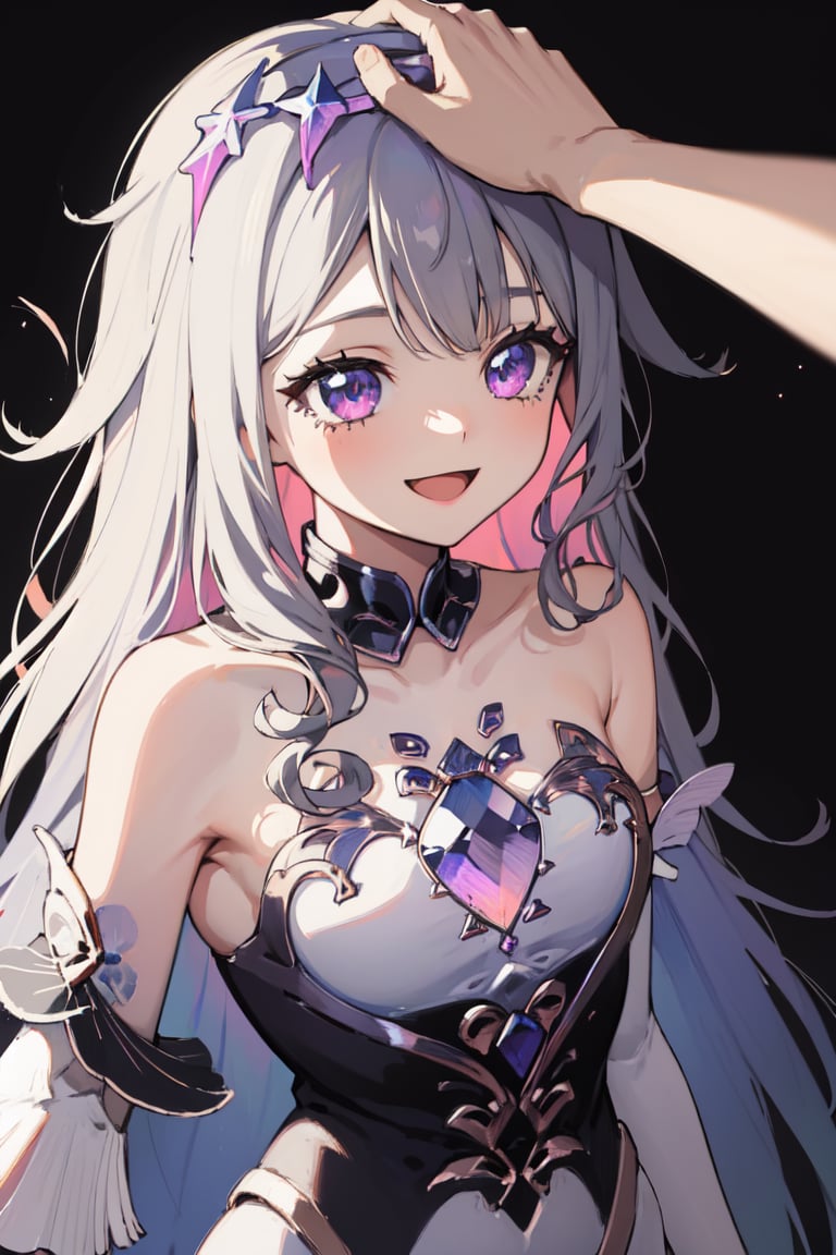 masterpiece, best quality, absurdres, perfect anatomy, 1girl, HeadpatPOV, pov, headpat, KosekiBijou, hair ornament, white dress, strapless dress, crystal, detached sleeves, asymmetrical sleeves, smile, small breasts, smile, :d, cute, sparkling, upper body, portrait