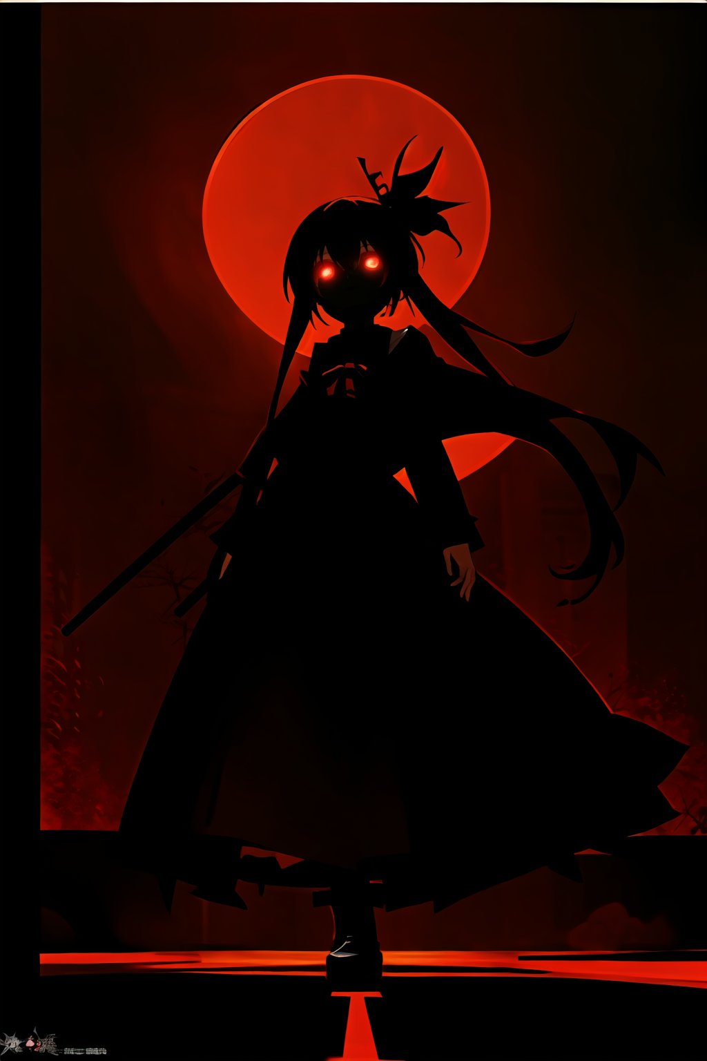 a creepy anime character with a red light in the background and a red light in the foreground, with a red circle above it, Alice Prin, official art, concept art, gothic art