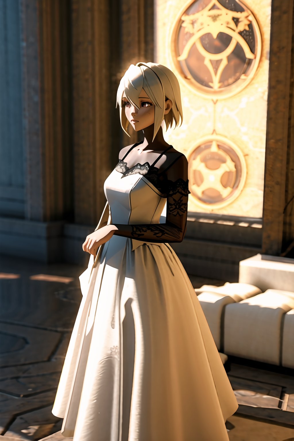 High resolution 3D model of antropomorfos Zodiac sign Cancer, a woman with platinum ash blonde hair, silk and lace, closed dress, moonstone, jasmine, silver, elegant, dignity, 3d with depth of field, with detailed textures, high polycount, realistic lighting and shadows, a concept art for an upcoming video game, 16k resolution, Unreal Engine