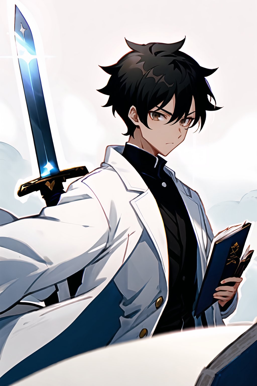 Character Kim Dokja from the web novel "Omniscient Reader's Point of View", white coat, black hair, dark brown eyes, buzz cut, 28 years old, middle-aged male, sword in one hand, book in the other