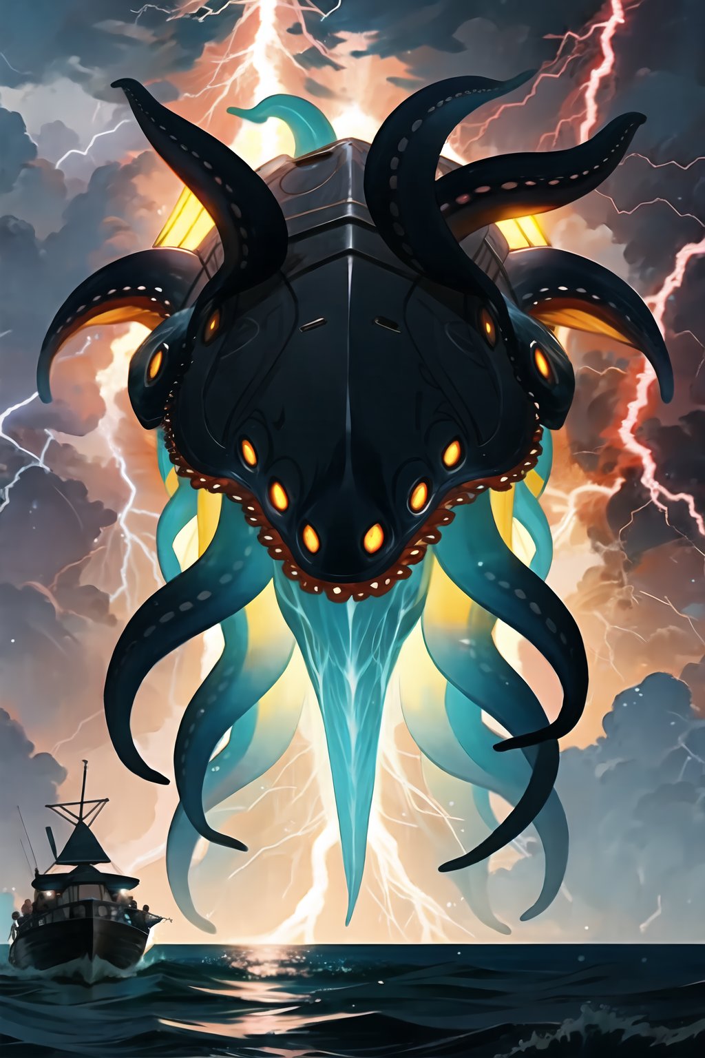 a giant octopus with a huge head on it's face in the ocean with a lightning above it, Ed Binkley, lovecraftian, concept art, sumatraism