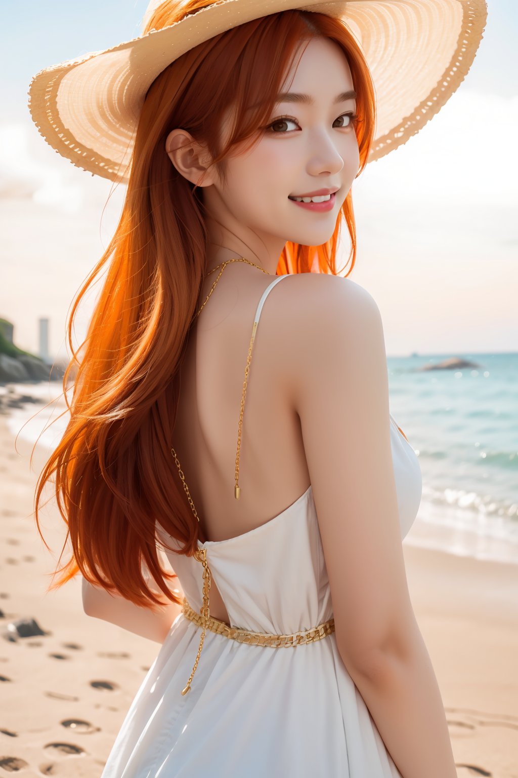 beautiful, 1girl,
(Orange hair:1.2),
long hair, smile, white sundress, sunhat, Golden chain necklace with heart pendant, hk_girl, beach background, turn around, looking at viewer, back