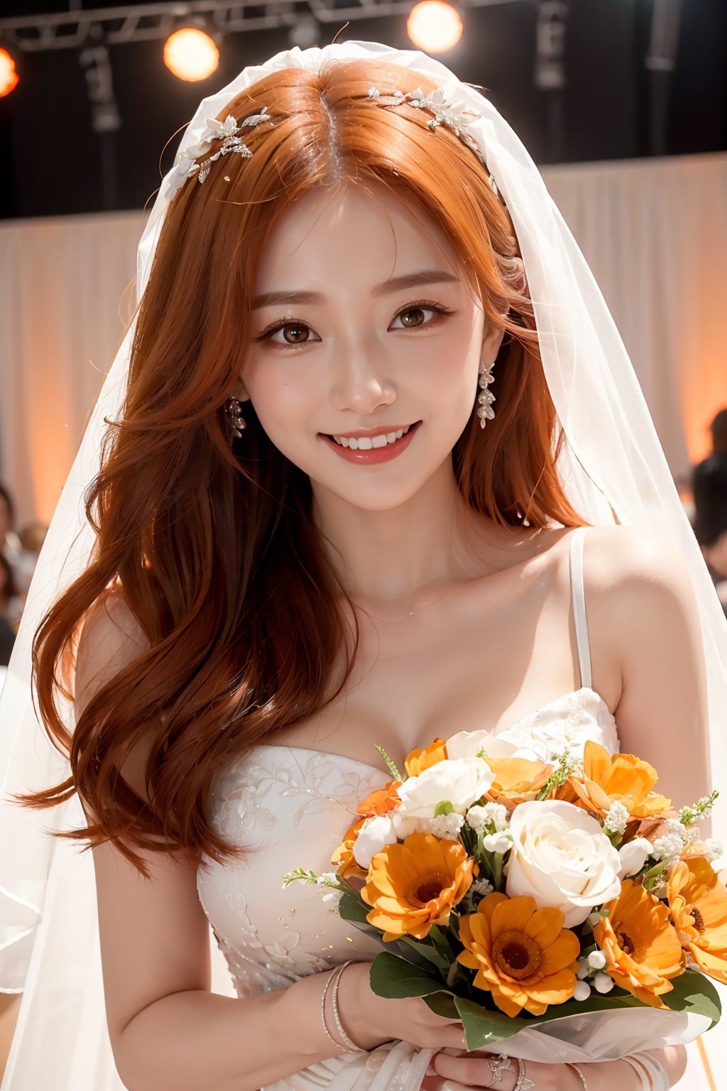 beautiful, 1girl,
(Orange hair:1.2),
long hair, (big smile:1.2), bride, extravagant white wedding dress, hk_girl, medium breasts, grand wedding hall stage background, veil, diamond wedding ring on ring finger, holding bouquet, facing viewer, close up