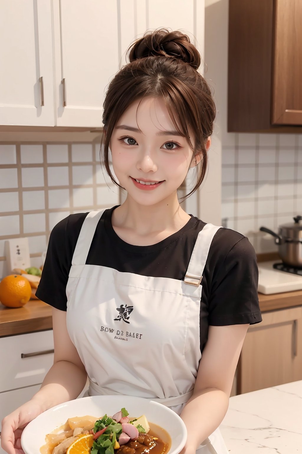 beautiful, 1girl,
(Brown hair:1.2), hair tied up into a bun
smile, orange T-shirt under white apron, hk_girl, holding a big delicious meal dish with both hands, kitchen background, wife, waifu,blurred background