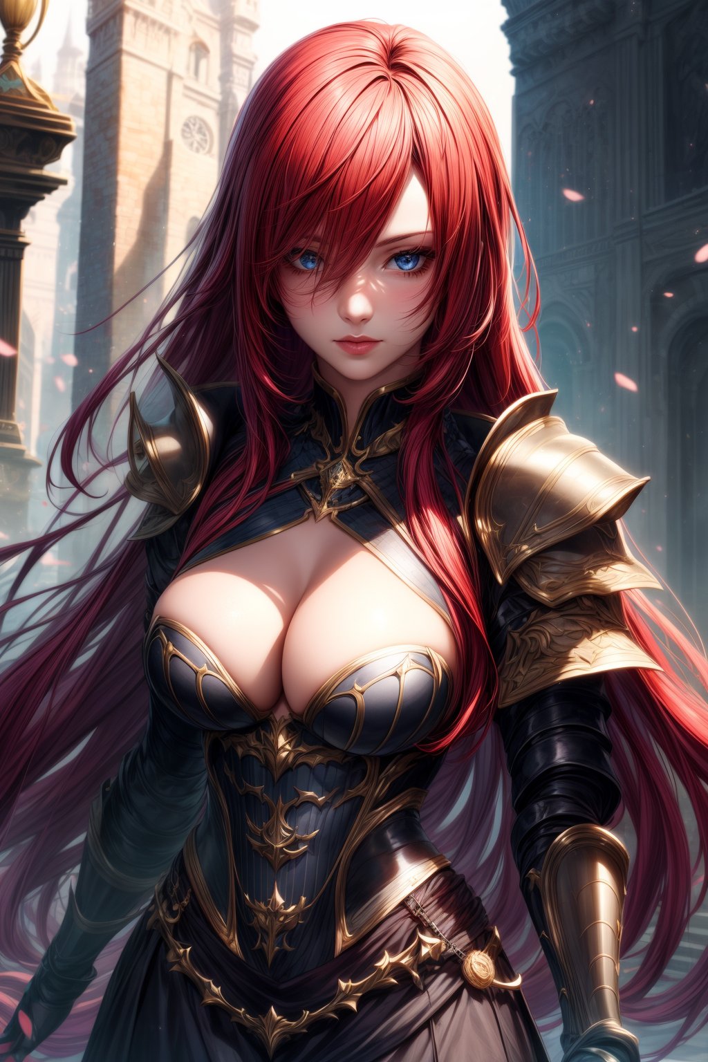 european 1girl, solo, 25yo, beautiful face, (red realistic hair), (long hair:1.2), (braid :0.4), silk armored with gothic skirt, perfect silk armor, fantasy