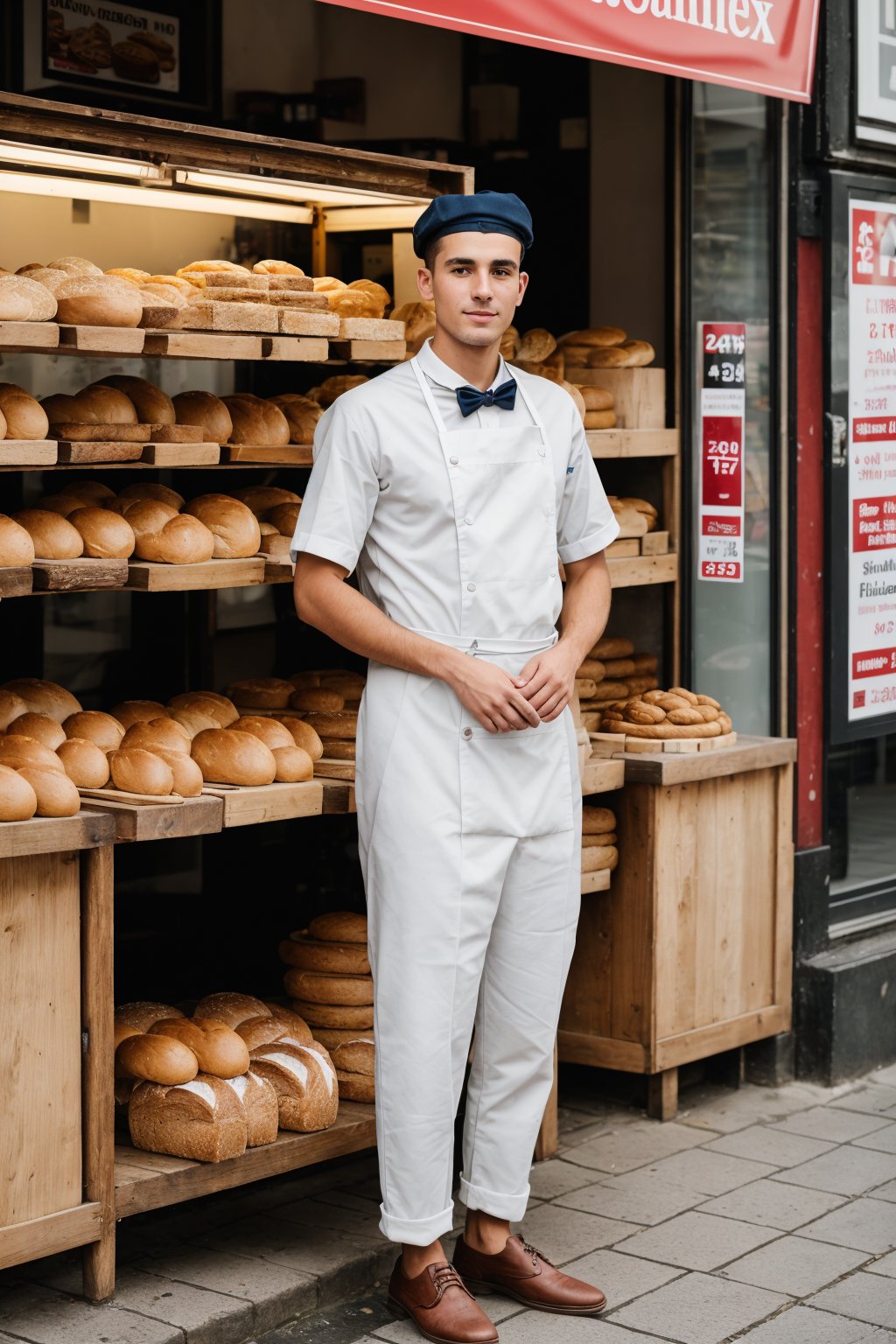 RAW photo, a amateur full body photo of 23 y.o european seller man, bread seller uniform, standing in the shop, natural skin, 8k uhd, high quality, film grain, Fujifilm XT3