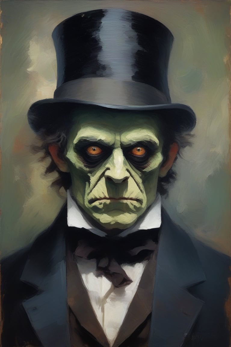 Impressionism, striking portrait of the horrible Mr. Hyde looking at viewer with a murderer intense stare, painterly, small brushstrokes, visible brushstrokes, impressionistic style,Monster,DonMn1ghtm4reXL