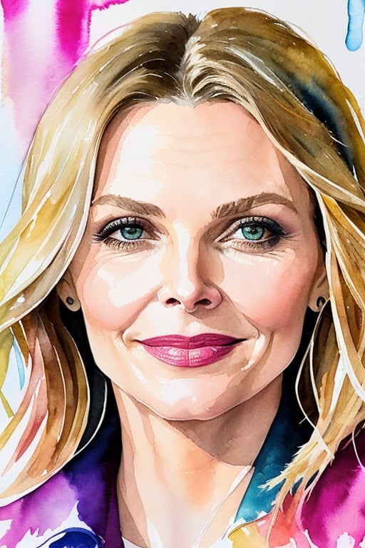 Close-up portrait of 30 y.o. Michelle Pfeiffer, watercolor, wet on wet, watercolor splash, discreet smile, luminous design, (pastel tones), (ink drips:1.1), autumn lights