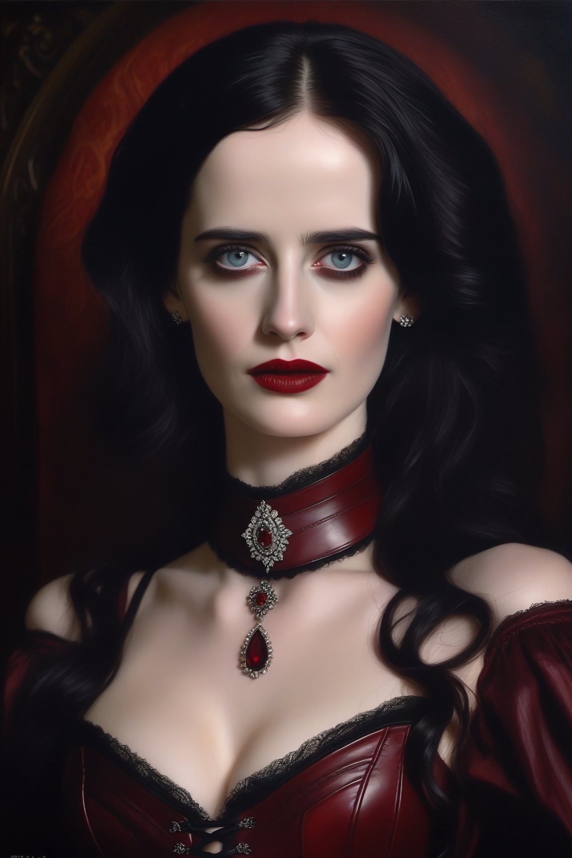 Eva Green as a huntingly beautiful vampire temptress, deep red leather corset, chocker, steamy erotic art, oil painting, realistic style, fine brush stroked, detailed, meticulous artwork, gothic horror aesthetics, soft studio lighting,photo r3al