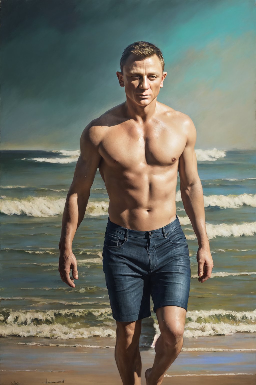 1man, handsome Daniel Craig, upper body, flawless likeness, medium shot, beach, (ultra detailed, detailed face, masterpiece) concept art, oil pastel painting , moody colors, realistic skin tones, style of Malika Favre, Ilya Kuvshinov, Franz Xaver Winterhalter, Alice Pasquin (cel shaded:1.1), 2d, (oil painting:1.2) highly detailed, jeremy mann