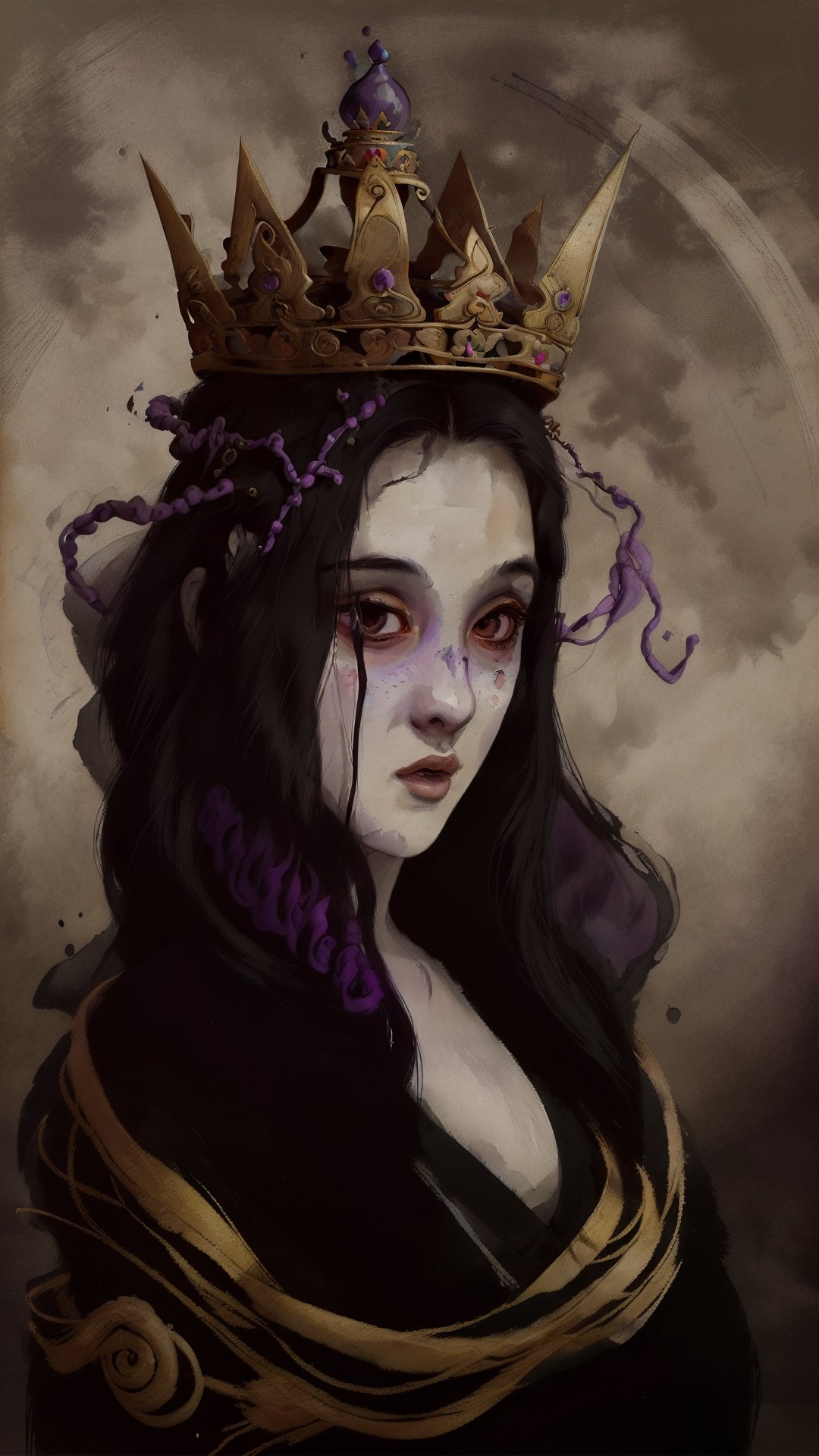 surreal drawing , a girl with a third eye on her forehead. She has long black hair and is dressed in a black and purple kimono, looking at viewer,a crown, 64k, Sabbas Apterus , rcd1,swirling finelines, 