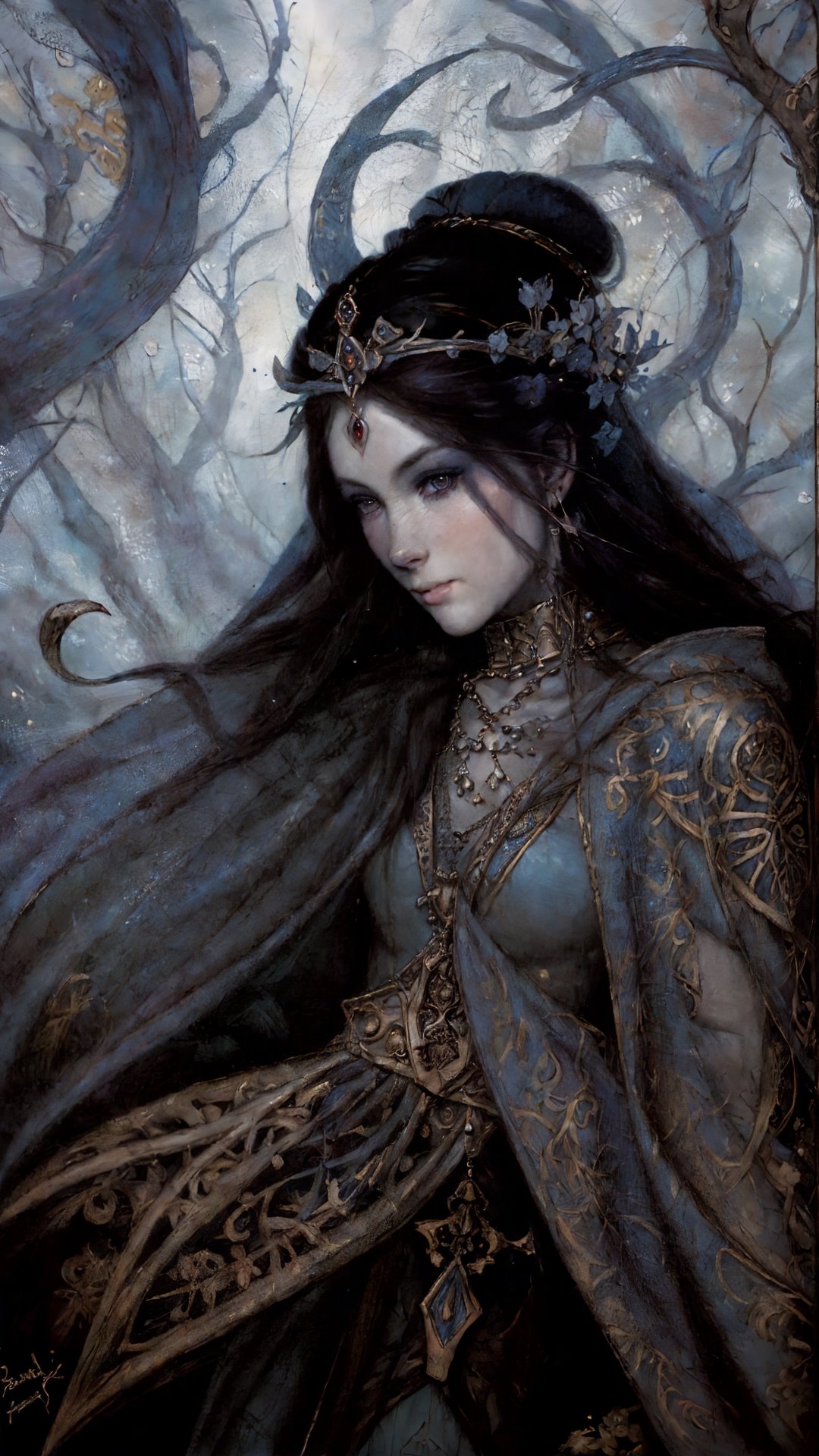 A figure cloaked in shadows, with piercing eyes and a subtle smile. The background should be dark and foggy. Art by Brian Froud and Jasmine Becket-Griffith , by xkbx, artistic ,fineart , illustration , decorative ,  best quality ,realism