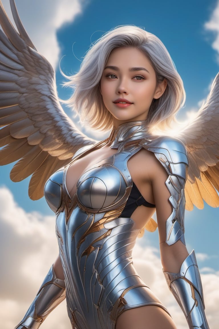 RAW photo, sharp, 8k, masterpiece, highres, (masterpiece, best quality, high resolution), ( 1human arm), (cyborg), intricate bodysuit, skintight silver armor,1girl, solo,  Woman (soaring|flying) through clouds, surrounded by eagles, Dutch angle, art by todd mcfarlane, trending on deviant art, (8k, ultra quality, masterpiece), low iso, metallic wings, undercut hairstyle, soaring through the clouds, arms stretched out, silver hair, yelling, screaming with joy, silver metallic short hair, science fiction, Sorayama Style, chrome armor, shiny costume, chrome hair, (isometric), (fisheye), (bubble), dark theme, well drawn eyes, gopro, action shot, flying, yelling, shouting, smiling, dynamic action, beautiful facial features, pretty lips, (Point-of-view shot), art by todd mcfarlane, trending on deviant art, (8k, ultra quality, masterpiece), low iso,