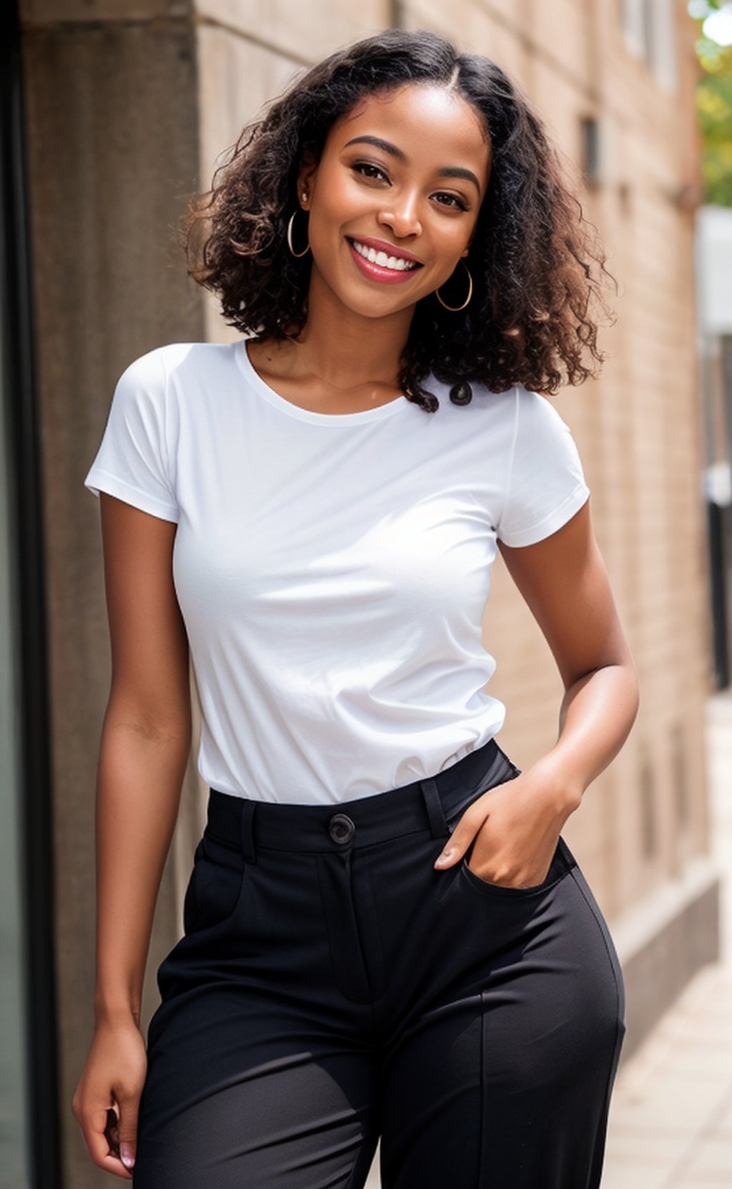 (masterpiece, professional 8k ,photorealic photograph), low  camera field view, full portrait of a stunning  black woman, light  skinned chocolate colour , black  hair  ,lovely face, realisic , thick thighs,   detailed dark background, wearing a black t shirt and a  ragged trousers,smiling with a unique smile,very smooth face, medium saturation,sharp image