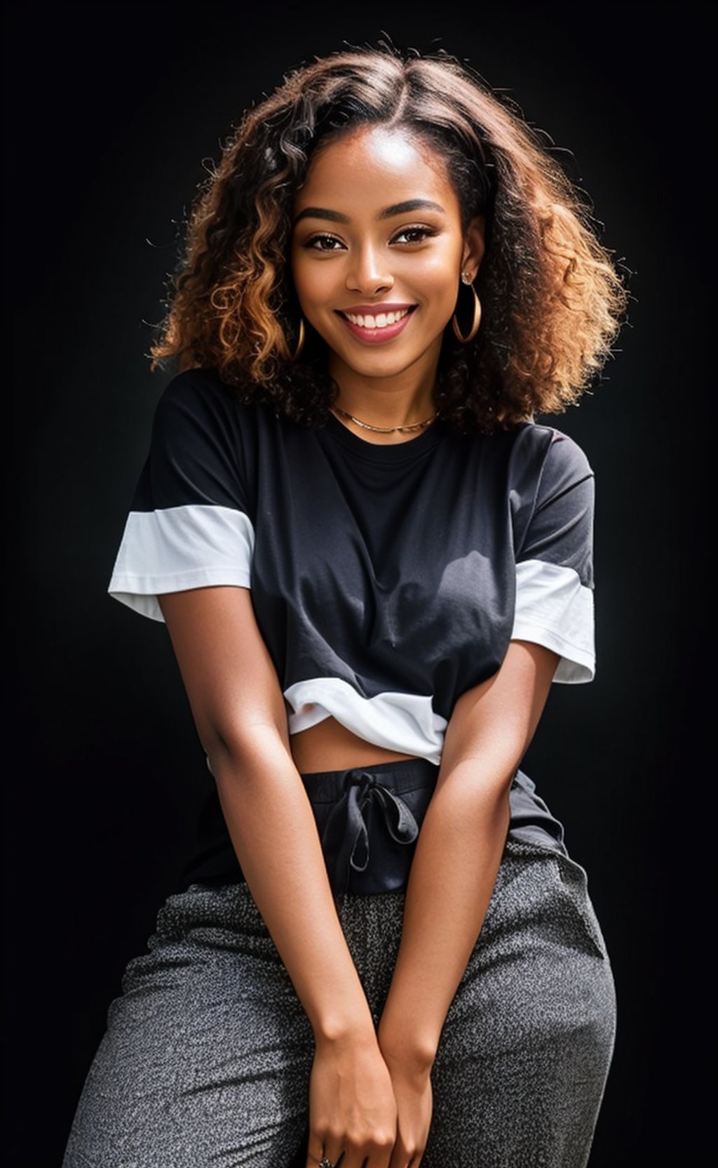 (masterpiece, professional 8k, photograph), low  camera field view, full portrait of a stunning  black woman, light  skinned chocolate colour , black  hair  ,lovely face, realisic , thick thighs,   detailed dark background, wearing a black t shirt and a  ragged trousers,smiling with a unique smile, medium saturation,sharp image