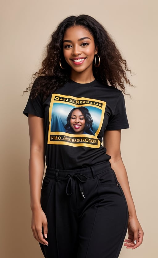 (masterpiece, professional 8k, photograph), low  camera field view, full portrait of a stunning  black woman, light  skinned chocolate colour , black  hair  ,lovely face, realisic , thick thighs,   detailed dark background, wearing a black t shirt and a  ragged trousers,smiling with a unique smile, medium saturation,sharp image