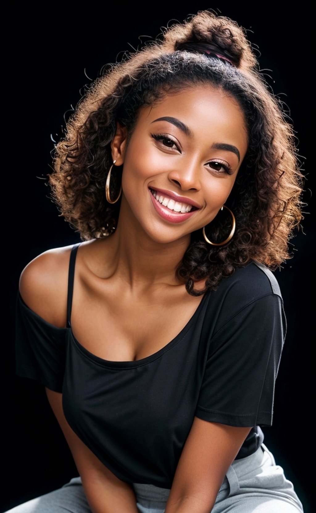 (masterpiece, professional 8k ,photorealic photograph), low  camera field view, full portrait of a stunning  black woman, light  skinned chocolate colour , black  hair  ,lovely face, realisic , thick thighs,   detailed dark background, wearing a black t shirt and a  ragged trousers,smiling with a unique smile,very smooth face, medium saturation,sharp image