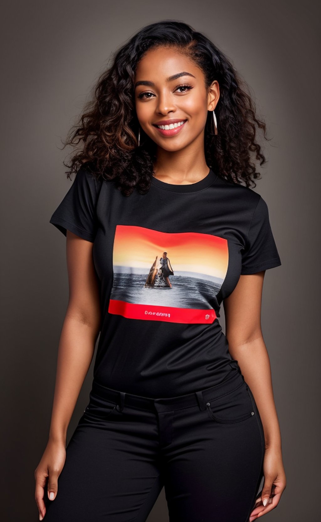 (masterpiece, professional 8k ,photorealic photograph), low  camera field view, full portrait of a stunning  black woman, light  skinned chocolate colour , black  hair  ,lovely face, realisic , thick thighs,   detailed dark background, wearing a black t shirt and a  ragged trousers,smiling with a unique smile,very smooth face, medium saturation,sharp image