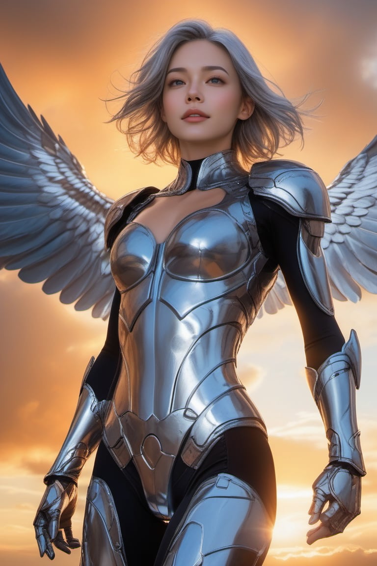 RAW photo, sharp, 8k, masterpiece, highres, (masterpiece, best quality, high resolution), ( 1human arm), (cyborg), intricate bodysuit, skintight silver armor,1girl, solo,  Woman (soaring|flying) through clouds, surrounded by eagles, Dutch angle, art by todd mcfarlane, trending on deviant art, (8k, ultra quality, masterpiece), low iso, metallic wings, undercut hairstyle, soaring through the clouds, arms stretched out, silver hair, yelling, screaming with joy, silver metallic short hair, science fiction, Sorayama Style, chrome armor, shiny costume, chrome hair, (isometric), (fisheye), (bubble), dark theme, well drawn eyes, gopro, action shot, flying, yelling, shouting, smiling, dynamic action, beautiful facial features, pretty lips, (Point-of-view shot), art by todd mcfarlane, trending on deviant art, (8k, ultra quality, masterpiece), low iso,