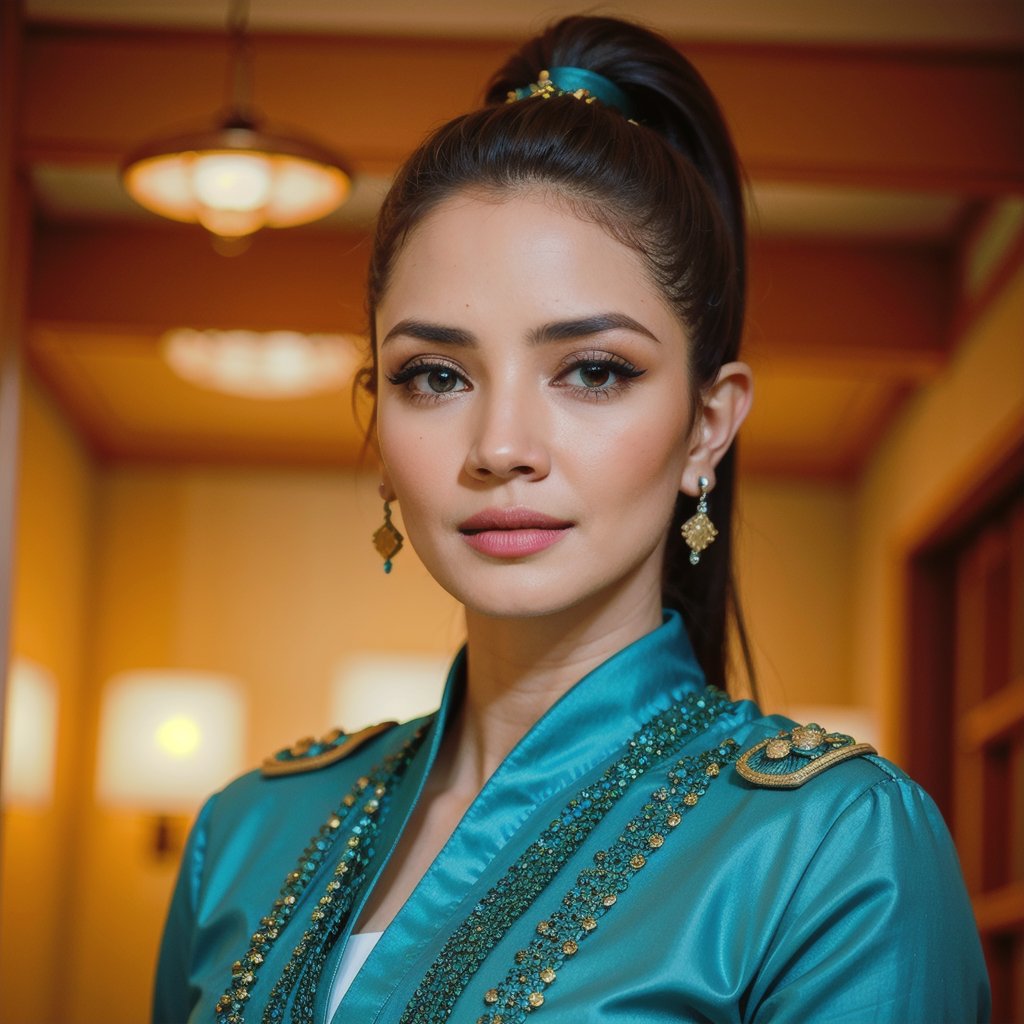 Protrait, photograph, androgynous hunnuman, oval jaw, delicate features, beautiful face, dreadlocked hair, long bangs, long ponytail, bright blue-green eyes, hindu art, Korean,fazura