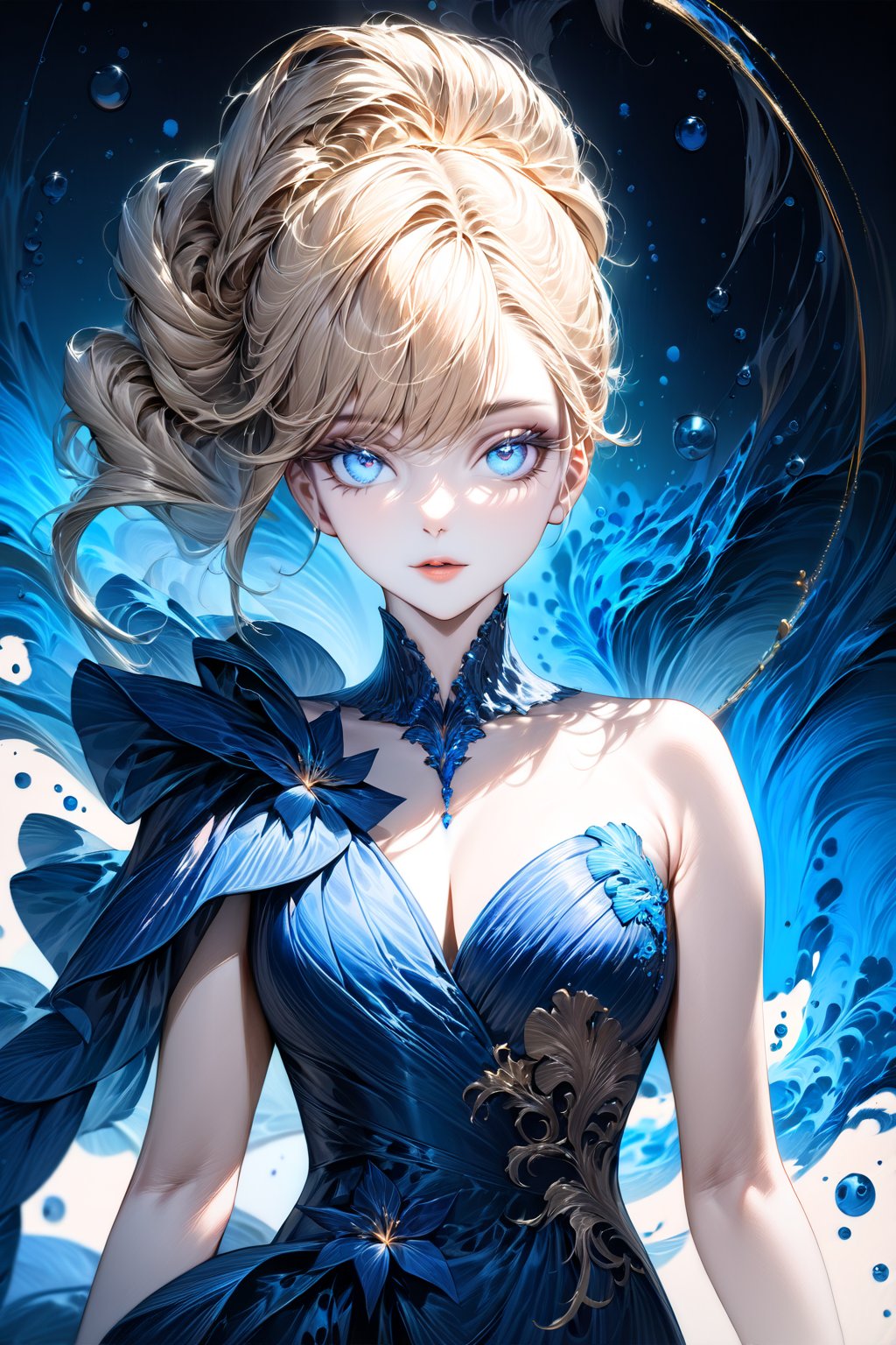 Very Beautiful girl. She is very badass, she wears a very fancy evening dress, looking at viewer, detailed image, detailed skin, ((stunning image: 2)), Elegant hairstyle, blue eyes, blonde hair, ink bubbles in background, ink droplets, ((masterpiece: 2)), walking, ink art, medium shot, ((fine art parody: 1.5)), Beautiful Eyes, Beautiful eyes