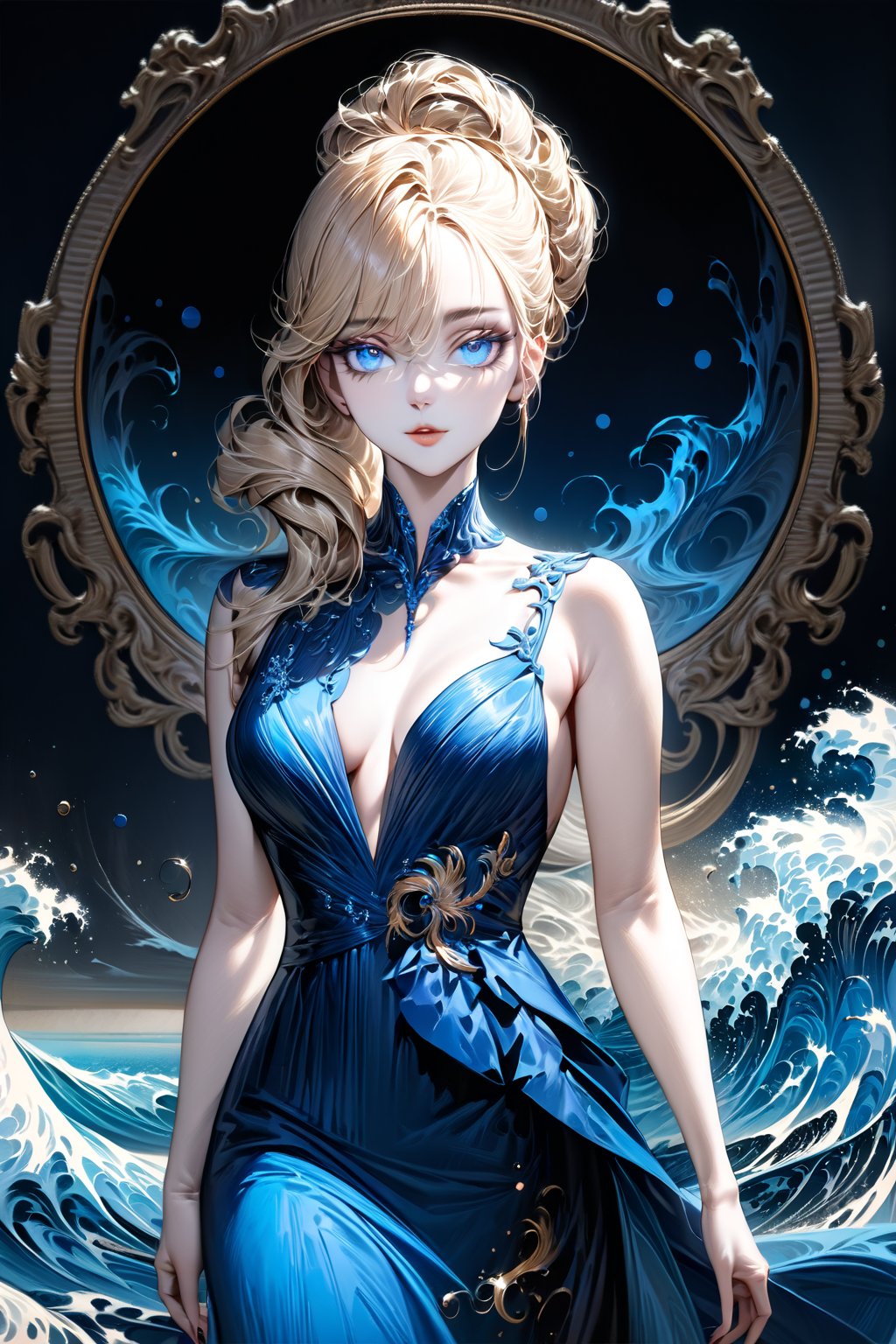 Very Beautiful girl. She is very badass, she wears a very fancy evening dress, looking at viewer, detailed image, detailed skin, ((stunning image: 2)), Elegant hairstyle, blue eyes, blonde hair, ink bubbles in background, ink droplets, ((masterpiece: 2)), walking, ink art, medium shot, ((fine art parody: 1.5)), Beautiful Eyes, Beautiful eyes