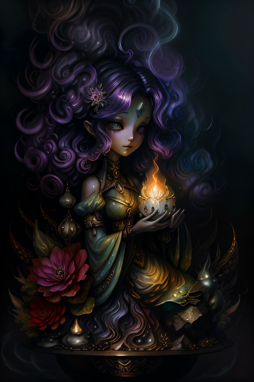 Vibrant and vivid image quality captures a menacing female figure with floral-inspired hair, enveloped within an ethereal dreamscape teeming with miniature creatures. The scene is portrayed in its entirety against a smoky backdrop, evoking feelings of mystery and unease.