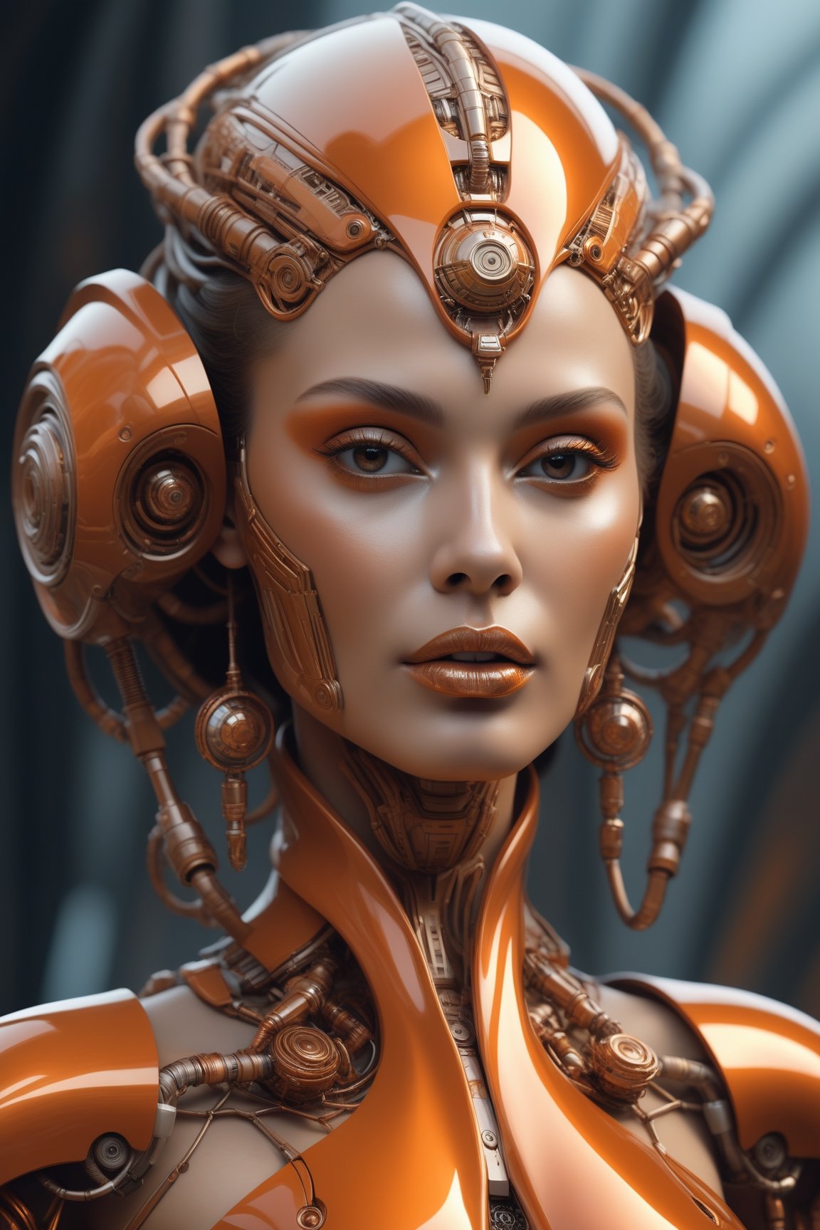 Algorithm meets airbrush, a stunning woman with futuristic facial features set within fantastical contraptions that blend traditional oceanic art elements - rendered beautifully through algorithmic techniques using an orange-beige palette reflective of Alexander Fedosov's style.