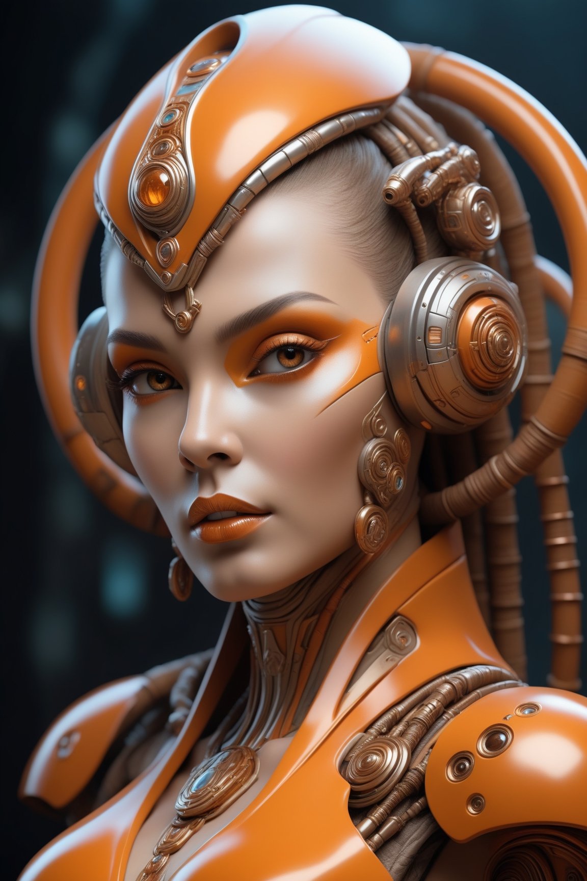 Sci-fi meets tradition once more, a breathtaking female character featuring futuristic facial features amidst fantastical contraptions while incorporating traditional oceanic art elements - brought together through airbrush techniques utilizing an orange-beige color scheme reminiscent of Alexander Fedosov's richly colored works.

