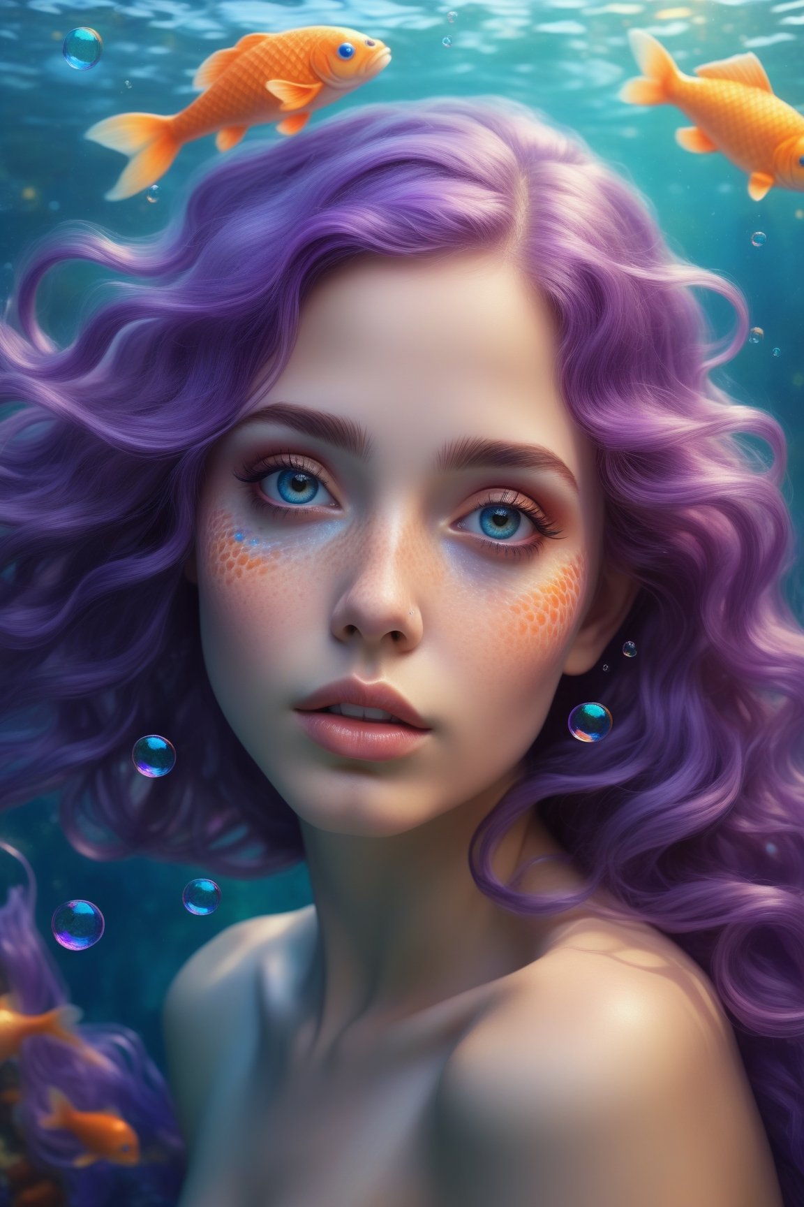 Enchanting mermaid-esque portrait, featuring an ethereal woman with youthful features, wide open eyes, delicate freckles on her nose and cheeks, sporting vibrant hair in shades of purple, blue, orange, and teal that morphs into aquatic flora. Surrounded by small bubbles floating around the head, this underwater scene portrays a serene creature lost in thought while wearing fish scale-like attire with bright hues.