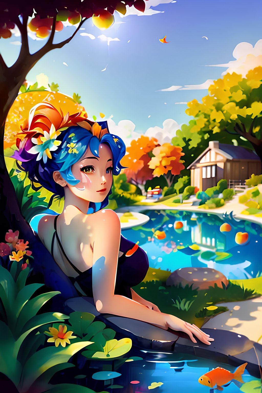  post00d, A beautiful woman with colorful hair made from flowers sat on a grassy knoll underneath an apple tree. The sky was blue and the sun shone brightly above her as she watched goldfish swim in a nearby pond