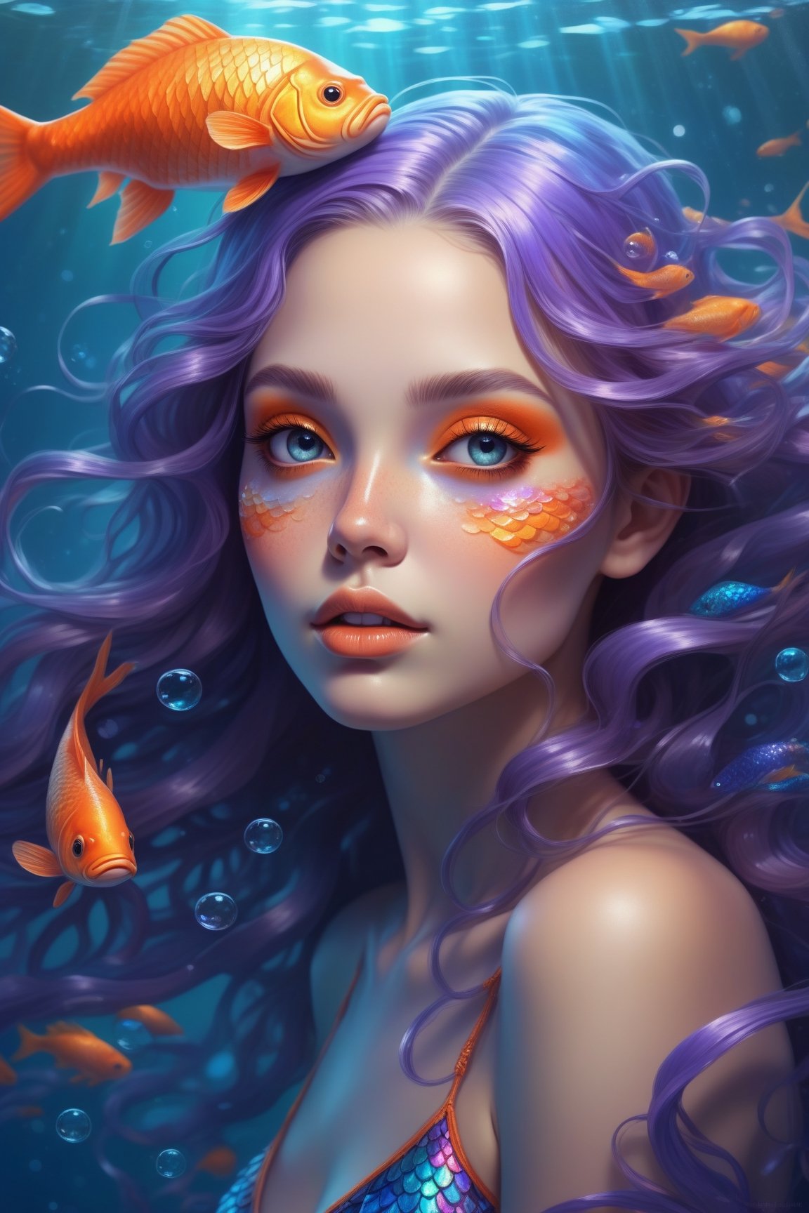 Magical siren front view illustration depicting an otherworldly beauty possessing fair skin tones alongside wide eyes filled with wonderment; her delicate freckles adding charm to her facial features contrasted against hair colored in shades of violet, azure blue hues intertwining gracefully into vibrant oranges then teal strands morphing towards aquatic tendrils creating an underwater atmosphere filled wonders as tiny bubbles float nearby. She wears attire resembling iridescent fish scales adorned in vivid colors while maintaining serenity within this mystifying scene of reflection & contemplation.