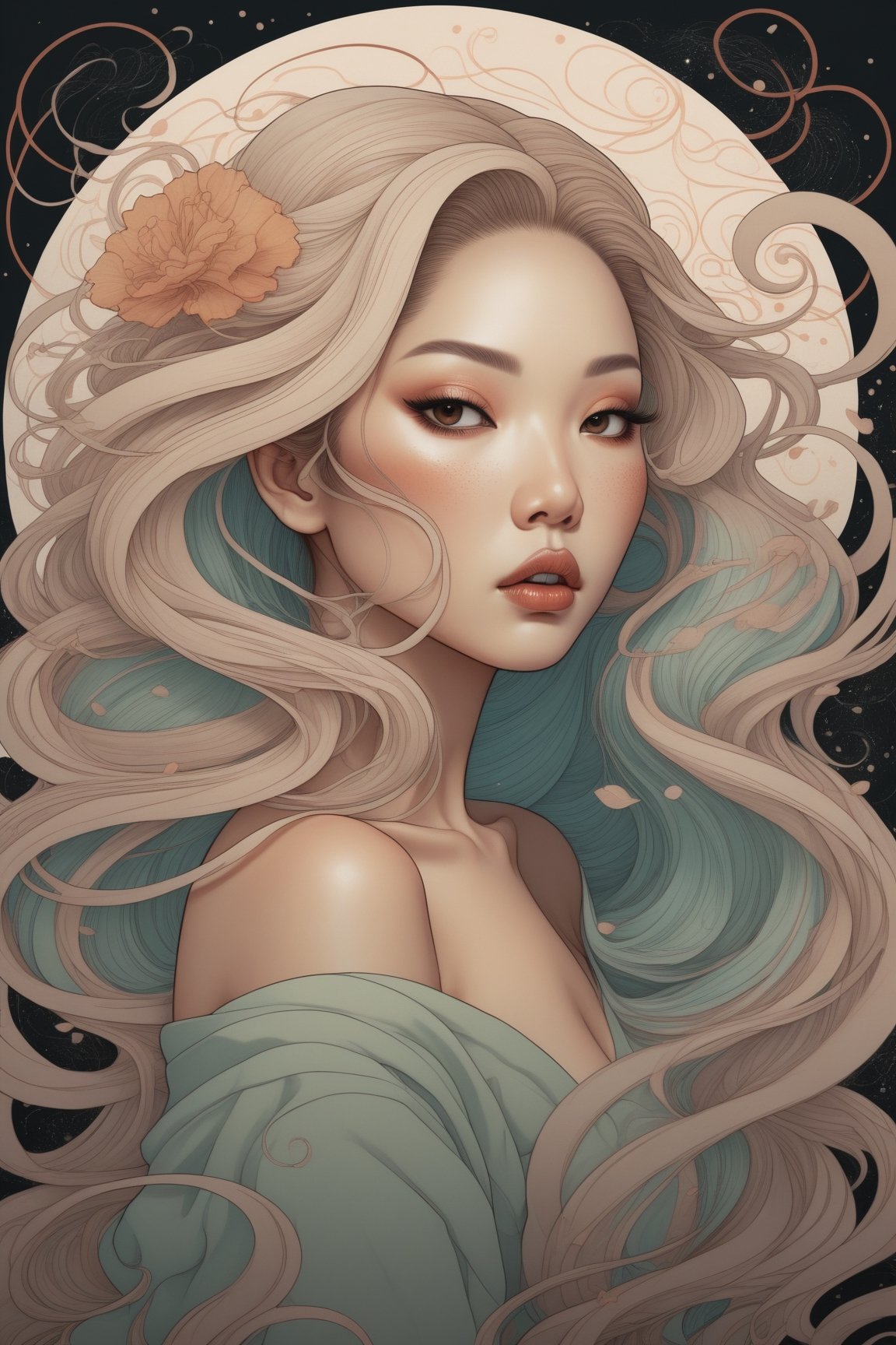 (Poster style:2), Audrey Kawasaki aesthetic, a woman adorned with sweepy long hair and sinister features, enveloped by swirling particles and motion lines, creating a striking balance between beauty and evil in this colorful artwork.