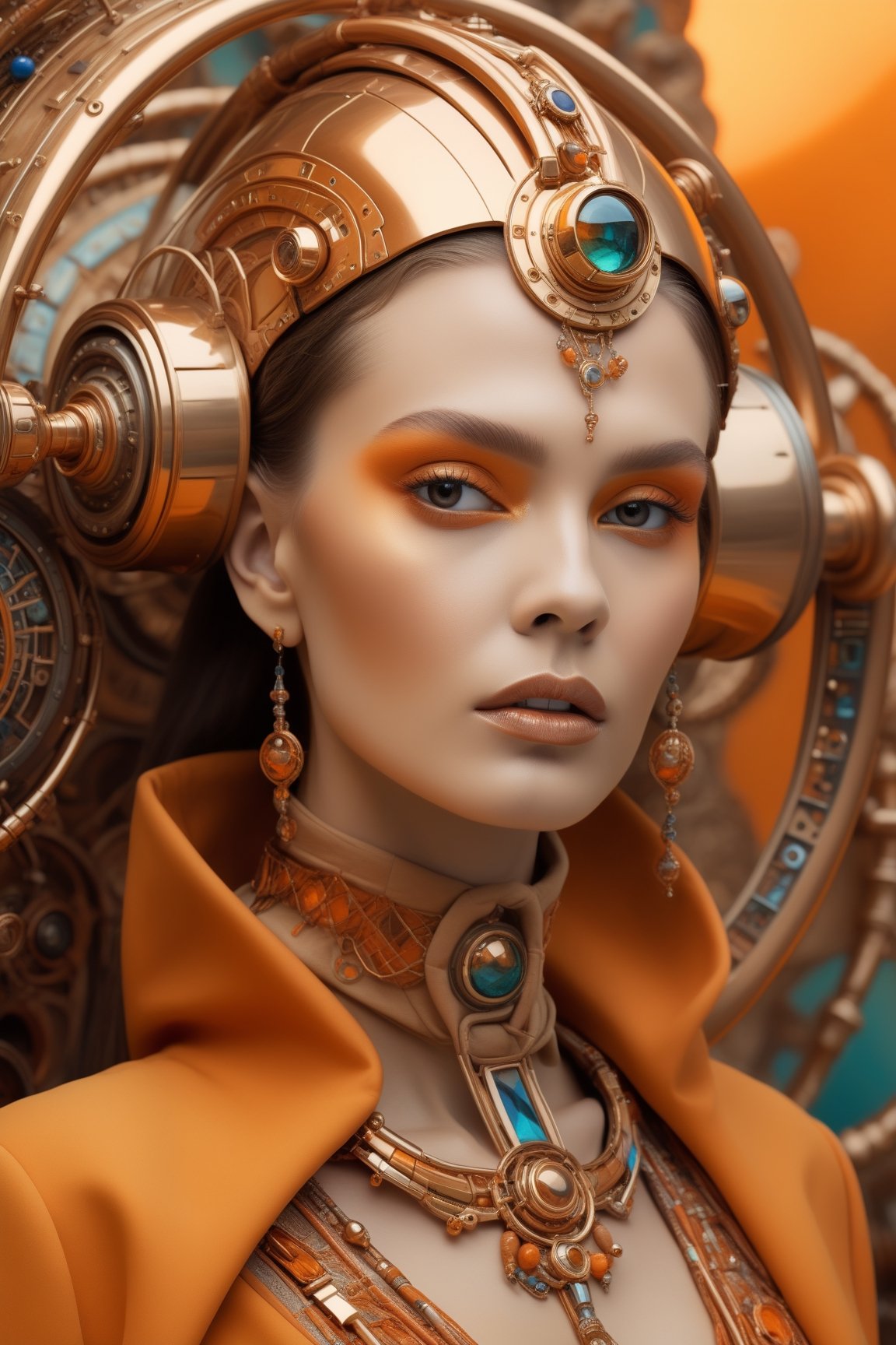 Futuristic beauty, an otherworldly woman with an ethereal face in a fantastical contraption, blending traditional oceanic art and algorithmic artistry into an orange-beige palette that showcases rich colors reminiscent of Alexander Fedosov's work.