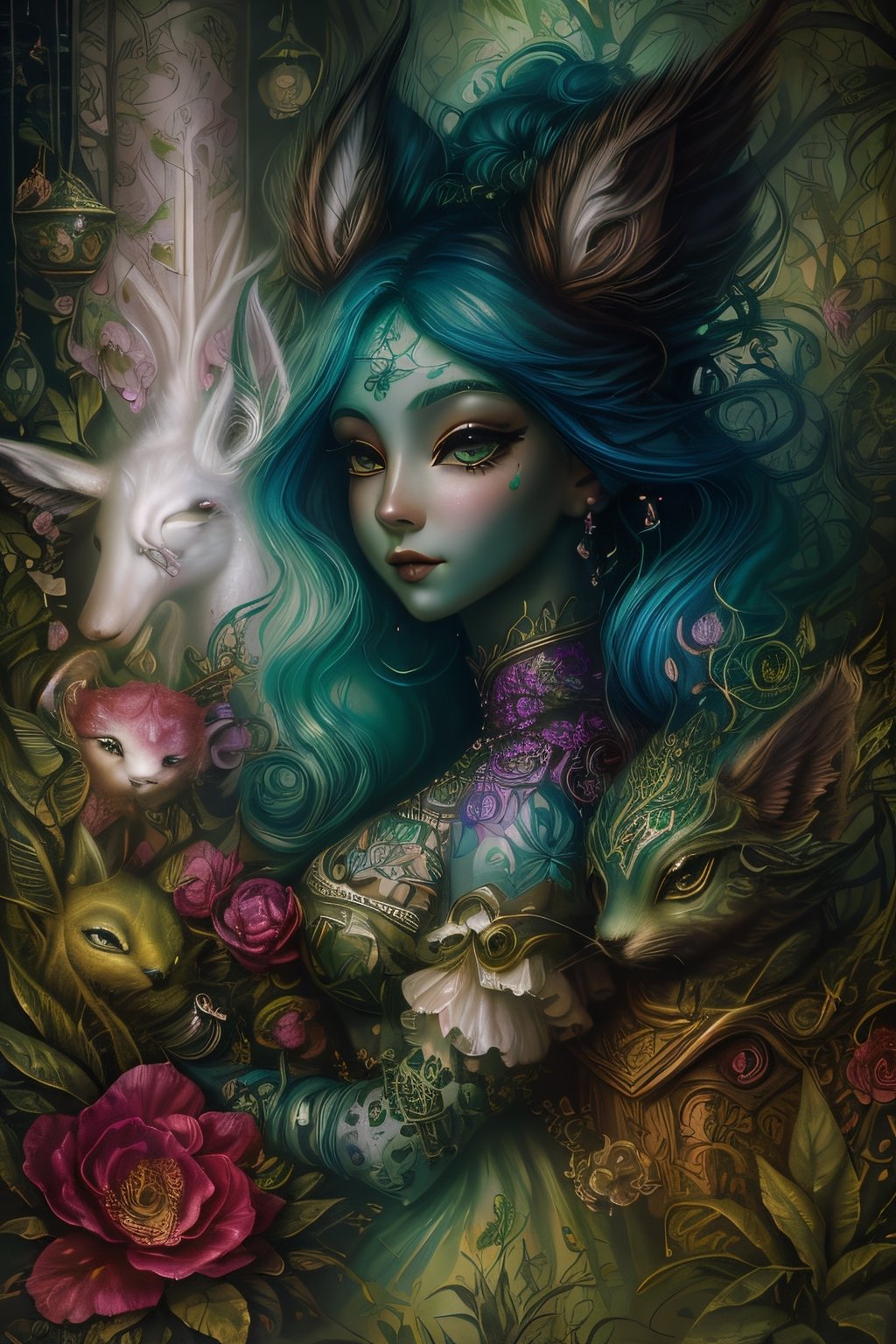 (High definition) (Woman) (Vivid colors, delicate florals, surrealistic elements, whimsical creatures, close-up view, lush surroundings, dreamlike atmosphere) (Artistic, imaginative, quirky, captivating)