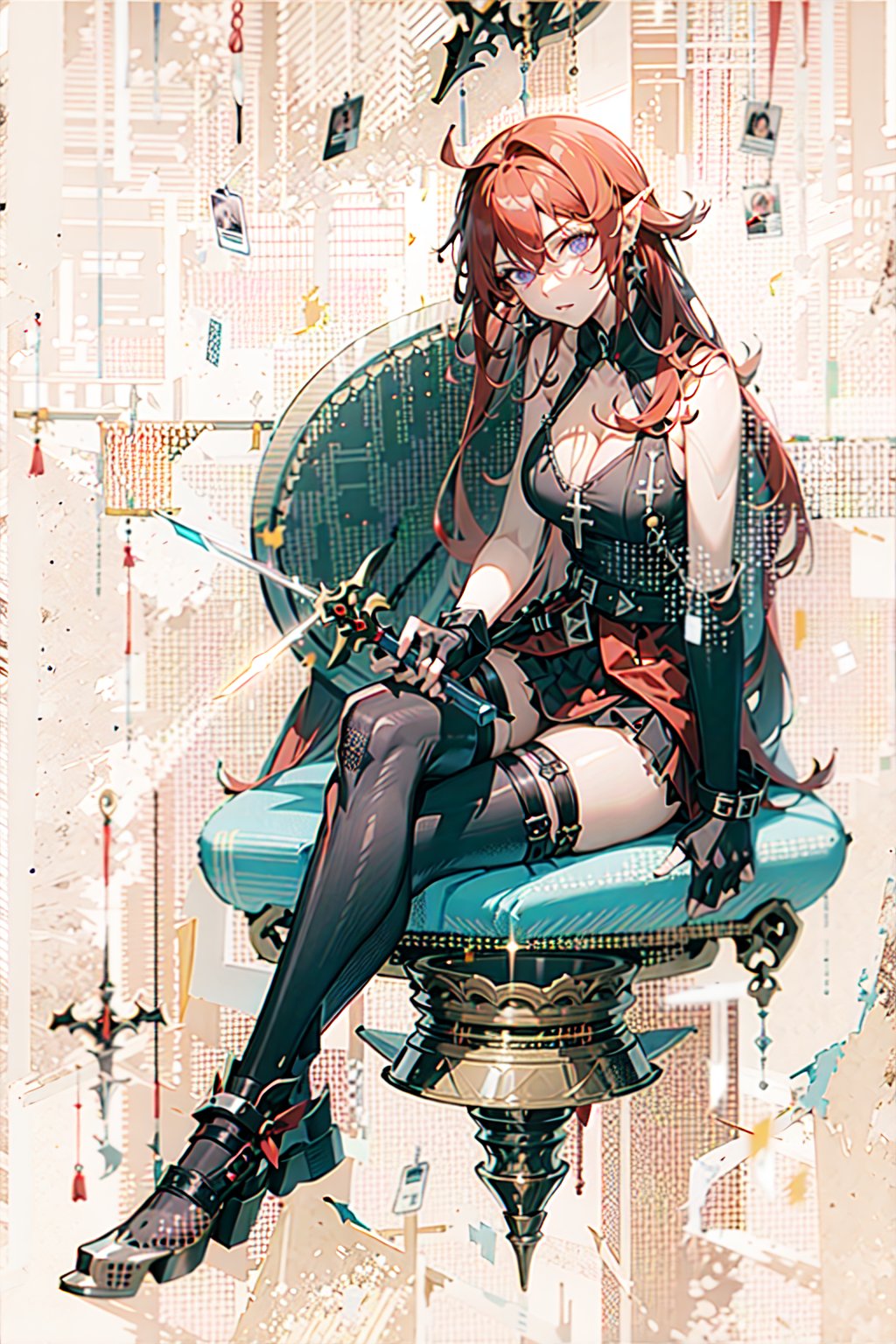 1girl, [slim body], [Full body, full body image], concept art,masterpiece, best quality,  breasts,earrings, red hair,horns,looking_at_viewer,   solo, origen,freedom,crop_top,asymmetrical_bangs,asymmetrical_legwear,Laevatain,leg_ribbon,elbow_fingerless_gloves,long_hair,high-(waist_skirt),sleeveless_shirt,white_shirt,white left shoulder cape,sword,sword on the ground,glowing sword,huge sword,crossed_legs_(standing),cloak,cleavage cutout,tiny_breasts,race_queen,id_card,red sword,white top,pointy_ears,weapon_on_back,pelvic_curtain,Chinese style,laser