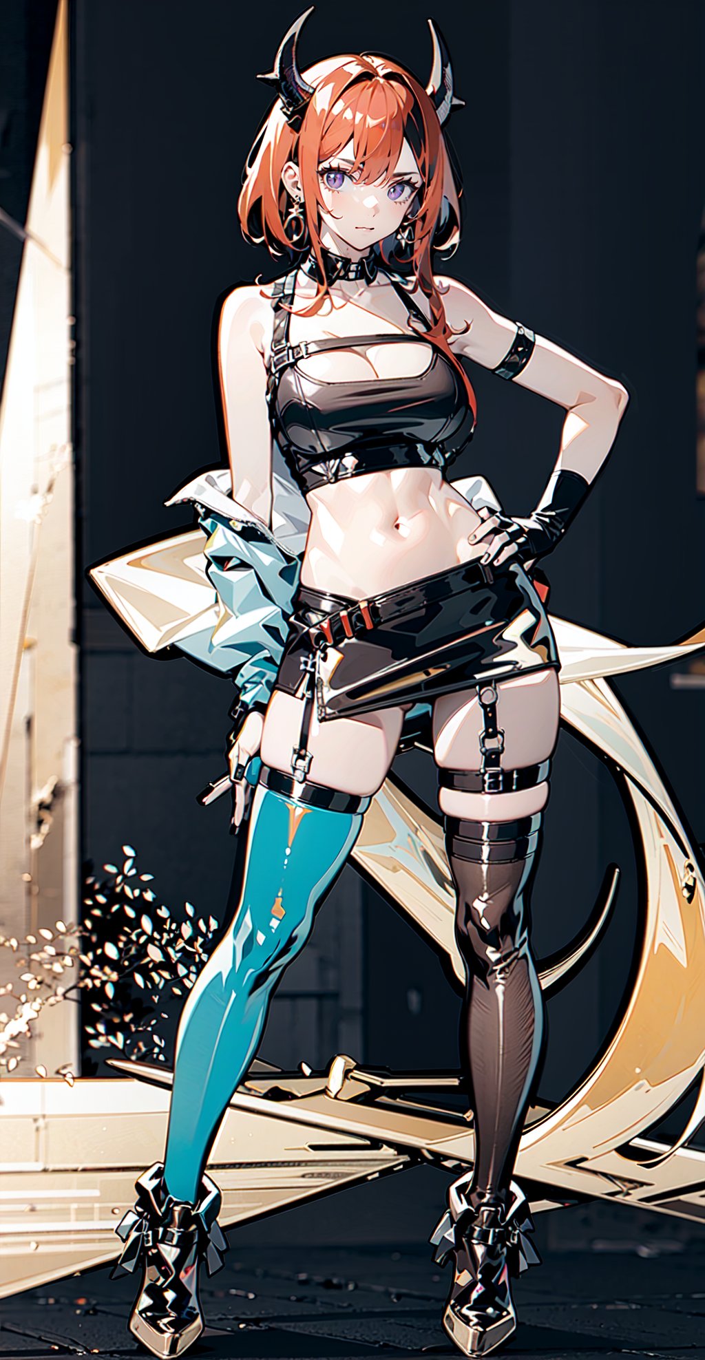 1girl, [slim body], [Full body, full body image], concept art,masterpiece, best quality,  breasts,earrings, horns,looking_at_viewer,   solo, origen,
freedom,crop_top,asymmetrical_bangs,pencil_skirt,asymmetrical_legwear,Laevatain,racequeen,flame sword behind,hand_on_own_hip,leg_ribbon,ripped_clothes,elbow_fingerless_gloves,checkered_skirt,long_hair,navel
