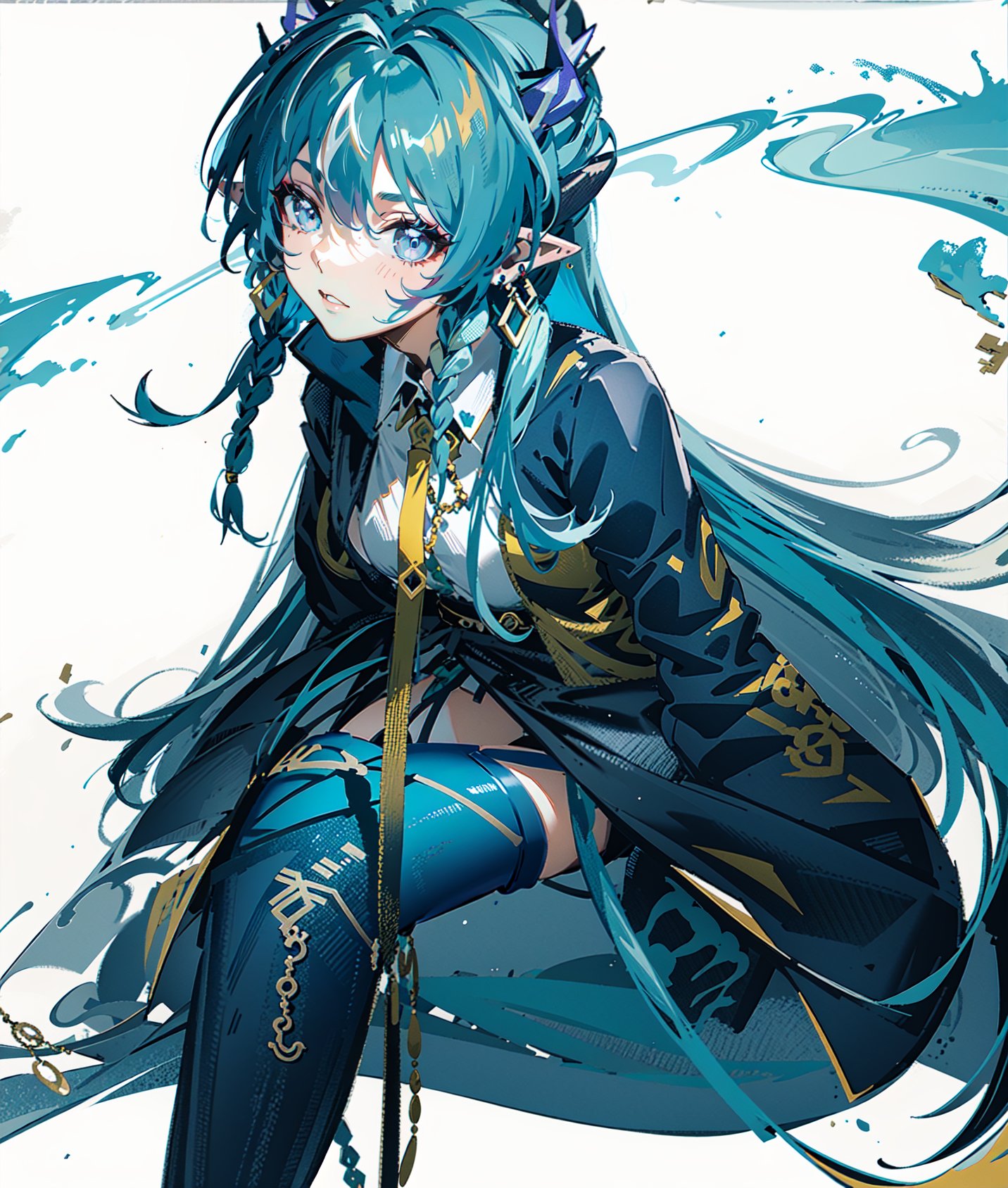 1girl, [slim body], [Full body, full body image], concept art,masterpiece, best quality, 1girl, bangs, blue_eyes, blue_hair, blue_necktie, braid, breasts,earrings, horns, jacket, jewelry, long_hair, long_sleeves, looking_at_viewer, necktie, official_alternate_costume, pointy_ears, shirt, solo, white_shirt,Ling Taoist robe,FROM SIDE, STRADDLING,OriginalOutfit,asymmetrical_bangs,asymmetrical_legwear,pelvic_curtain,