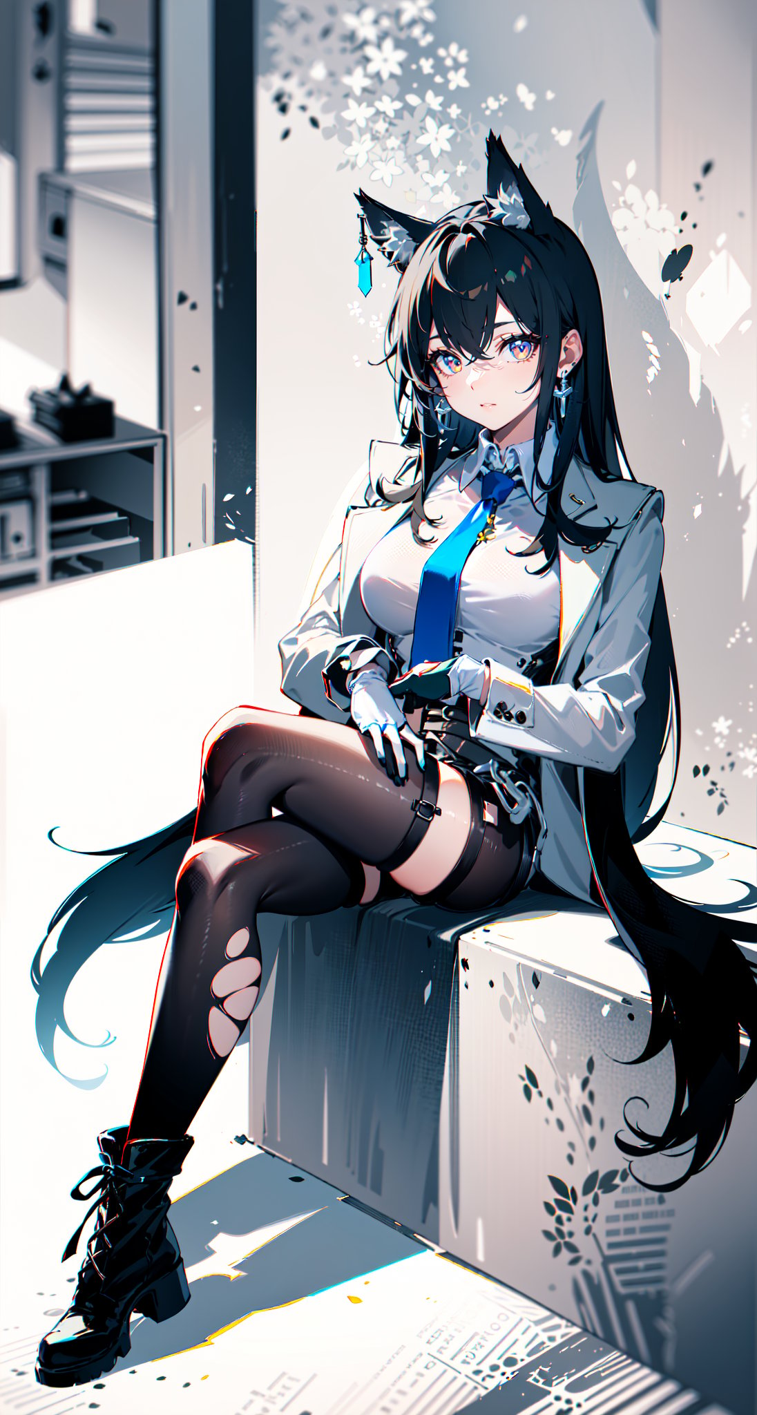 1girl, [slim body], [Full body, full body image], concept art,masterpiece, best quality, breasts,earrings, jacket, long_hair, long_sleeves, looking_at_viewer, necktie,  shirt, solo, asymmetrical_bangs,asymmetrical_legwear,pelvic_curtain,Omertosa, white boots,  wolf ears in hair,black pantyhose,black hair,red inner hair,black shorts
