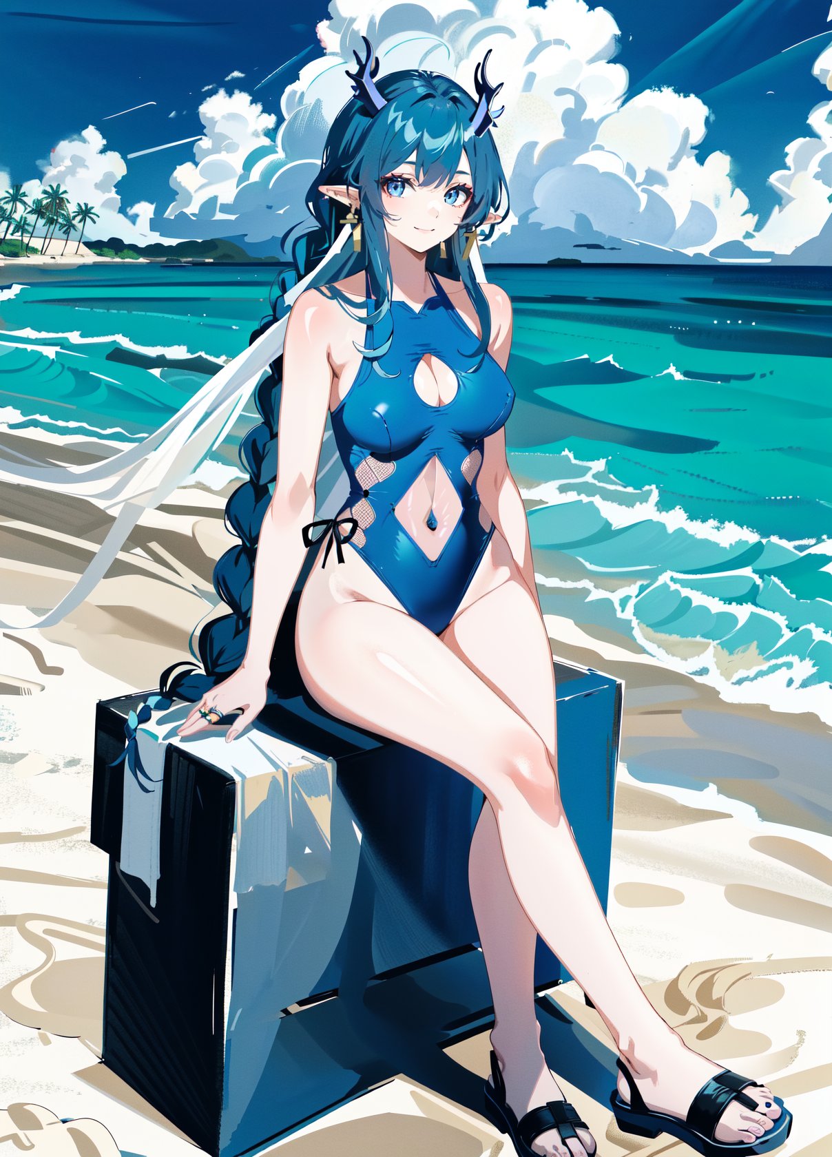 1girl,[slim body],[Full body, full body image],masterpiece, best quality,bangs, blue_eyes, blue_hair, braid, breasts,earrings,horns,jewelry,long_hair,looking_at_viewer,pointy_ears,solo,asymmetrical_bangs,shou elder cutout,shallow smile,bare arms,grace,Argyle pattern cutout one-piece swimsuit,White Woven Shawl,strappy sandals,ring on swimsuit,White beach dress for women,
White Woven Shawl, beach, Braid wrapped around white ribbon,sexy pose,sitting on the seats,breasts,color full background, detaied background,
