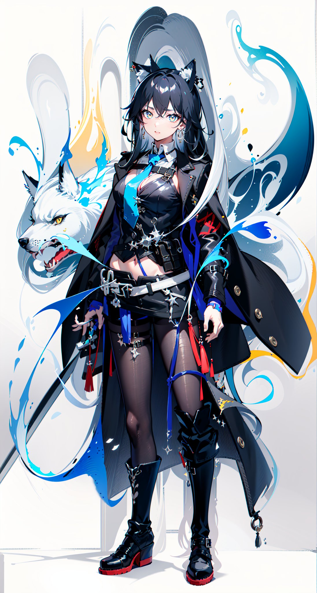 1girl, [slim body], [Full body, full body image], concept art,masterpiece, best quality, breasts,earrings, jacket, long_hair, long_sleeves, looking_at_viewer, necktie,  shirt, solo, asymmetrical_bangs,asymmetrical_legwear,pelvic_curtain,Omertosa, white boots,  wolf ears in hair,black pantyhose
