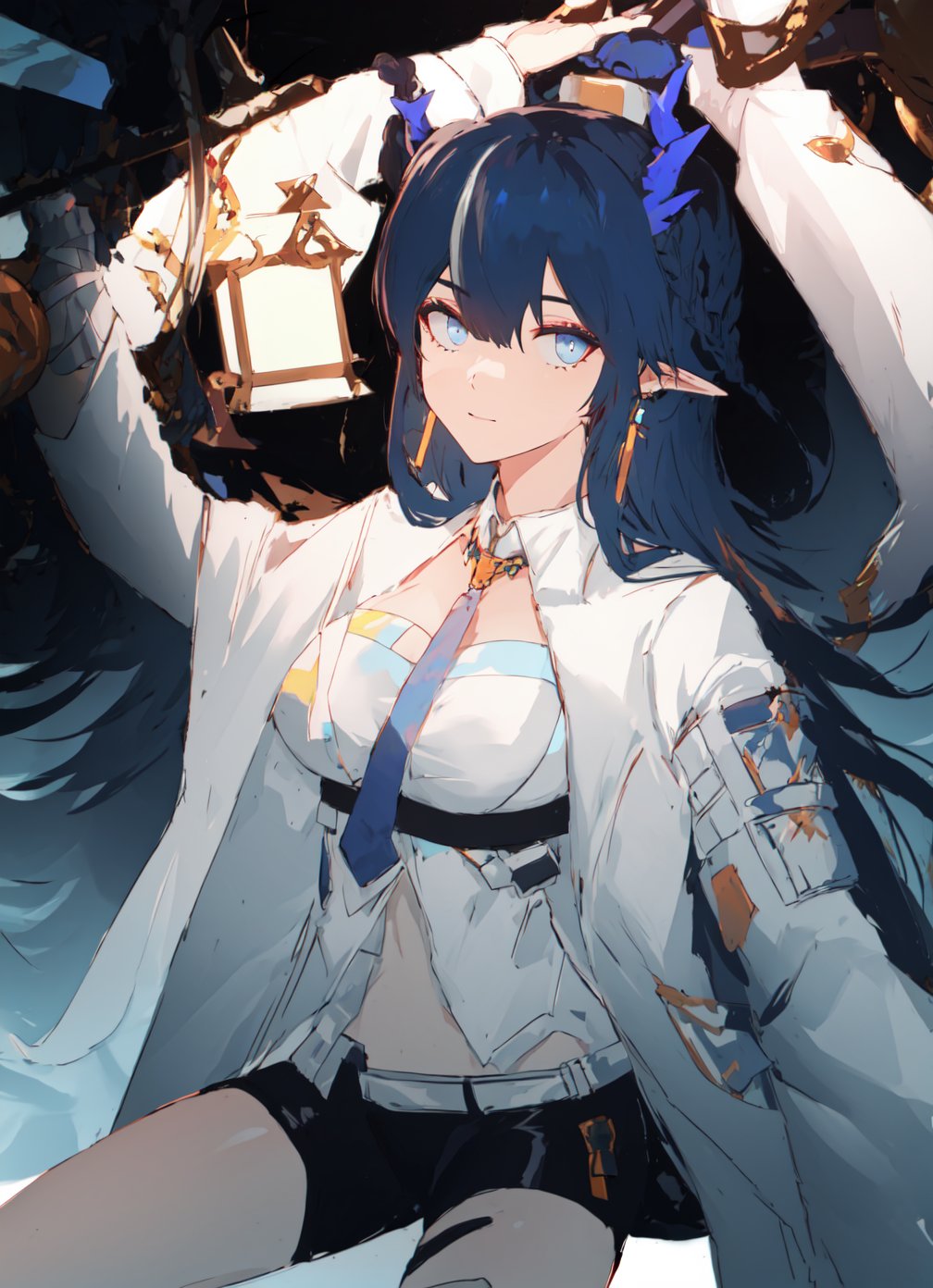 masterpiece, best quality, 1girl, bangs, blue_eyes, blue_hair, blue_necktie, braid, breasts,earrings, horns, jacket, jewelry, long_hair, long_sleeves, looking_at_viewer, necktie, official_alternate_costume, pointy_ears, shirt, solo, white_shirt,upper body,bare legs, bandaged leg,night,Volumetric Lighting,