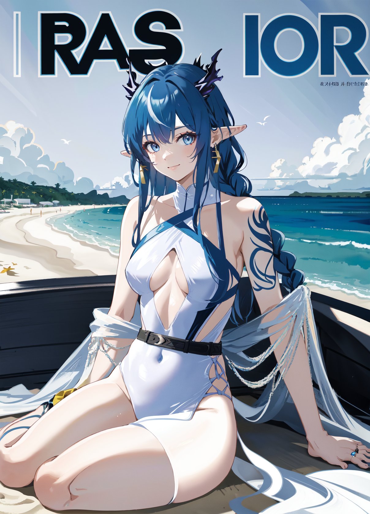 1girl,[slim body],[Full body, full body image],masterpiece, best quality,bangs, blue_eyes, blue_hair, braid, breasts,earrings,horns,jewelry,long_hair,looking_at_viewer,pointy_ears,solo,asymmetrical_bangs,shou elder cutout,shallow smile,bare arms,grace,Argyle pattern cutout one-piece swimsuit,White Woven Shawl,strappy sandals,ring on swimsuit,White beach dress for women,
White Woven Shawl, beach, Braid wrapped around white ribbon,sexy pose,sitting on the seats,breasts,color full background, detaied background,white belt,arm tattoo, 
Gradient Clothes,(magazine cover),(blue-and-white porcelain Clothes)
