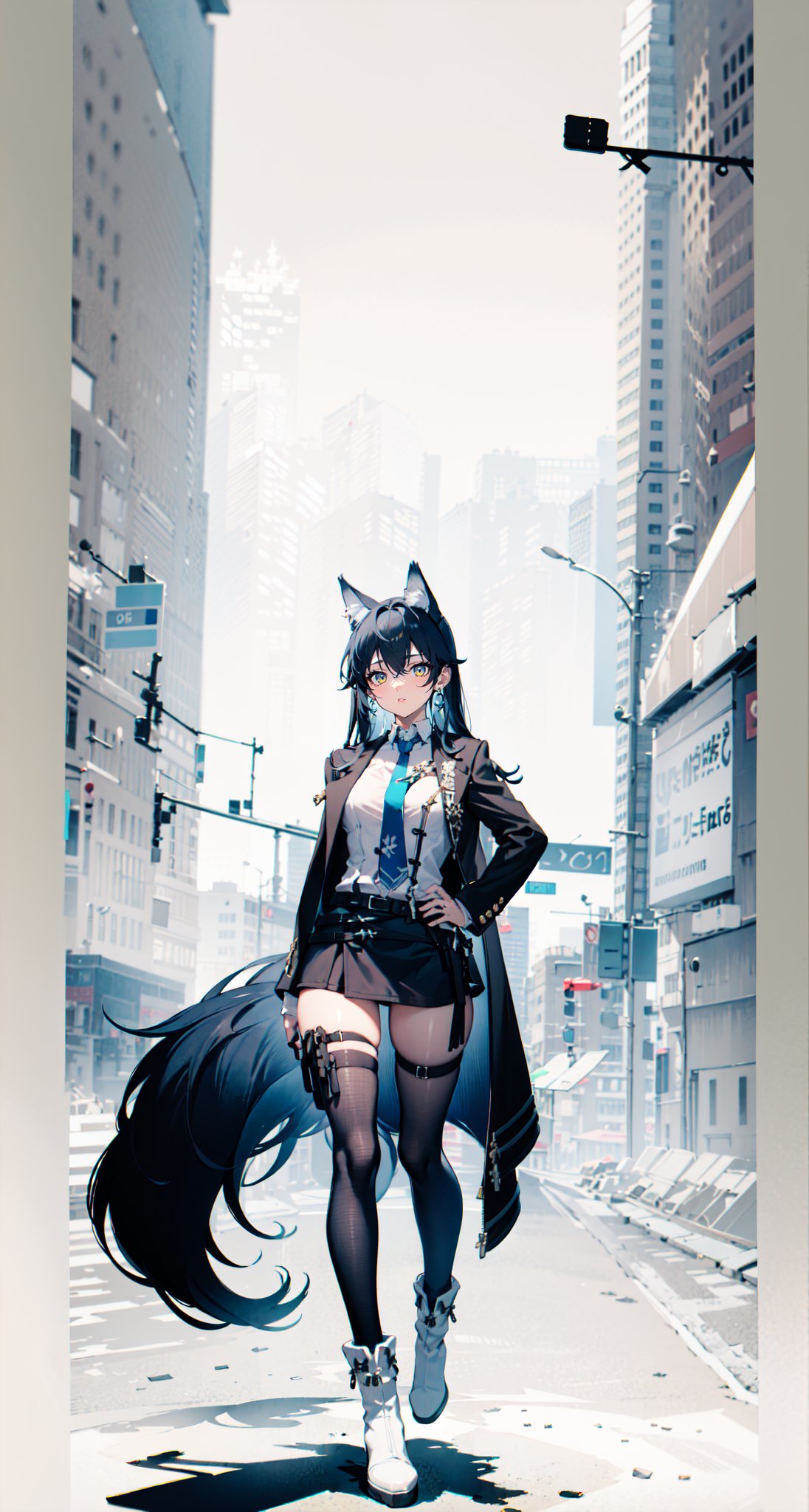 1girl, [slim body], [Full body, full body image], concept art,masterpiece, best quality, breasts,earrings, jacket, long_hair, long_sleeves, looking_at_viewer, necktie,  shirt, solo, asymmetrical_bangs,asymmetrical_legwear,pelvic_curtain,Omertosa, white boots,  wolf ears in hair
