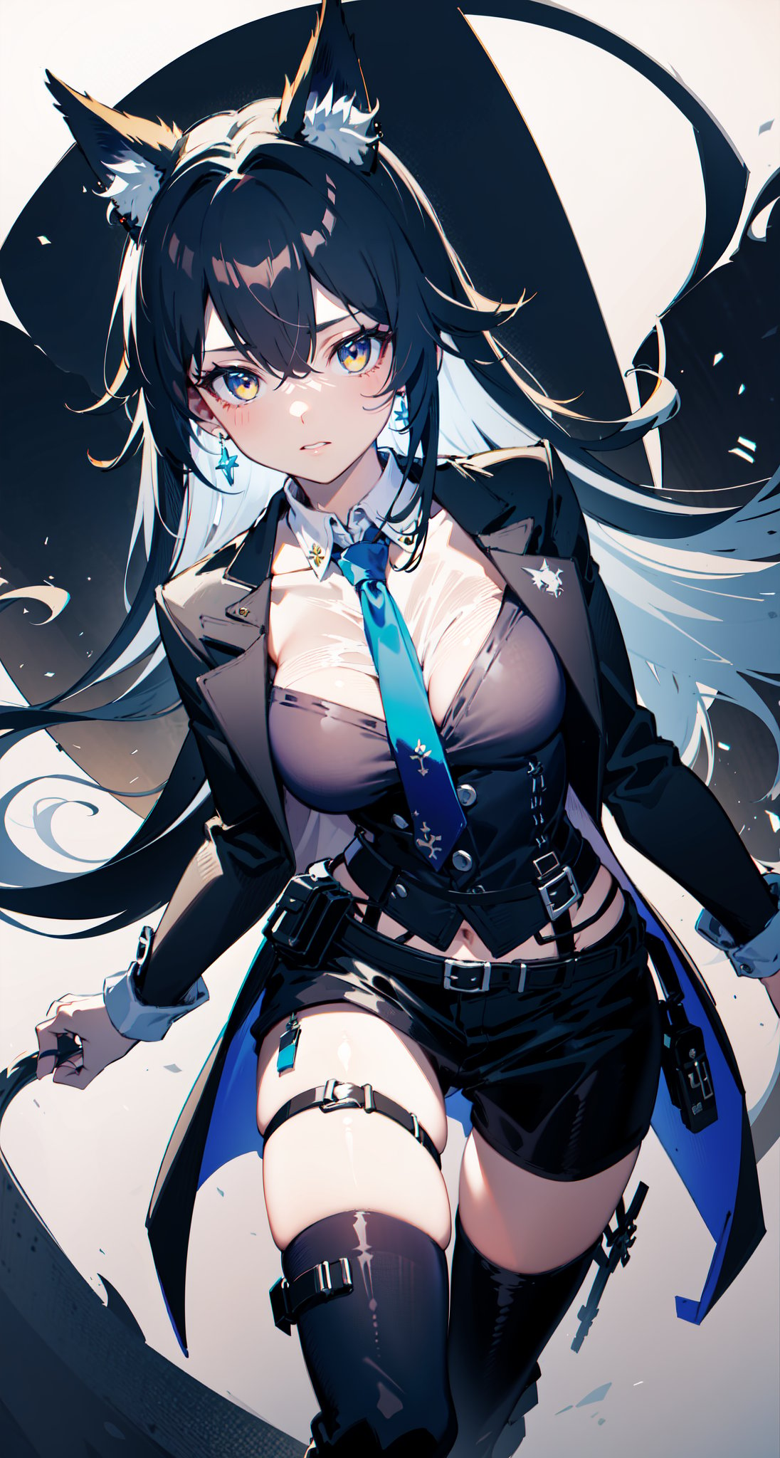 1girl, [slim body], [Full body, full body image], concept art,masterpiece, best quality, breasts,earrings, jacket, long_hair, long_sleeves, looking_at_viewer, necktie,  shirt, solo, asymmetrical_bangs,asymmetrical_legwear,pelvic_curtain,Omertosa, white boots,  wolf ears in hair
