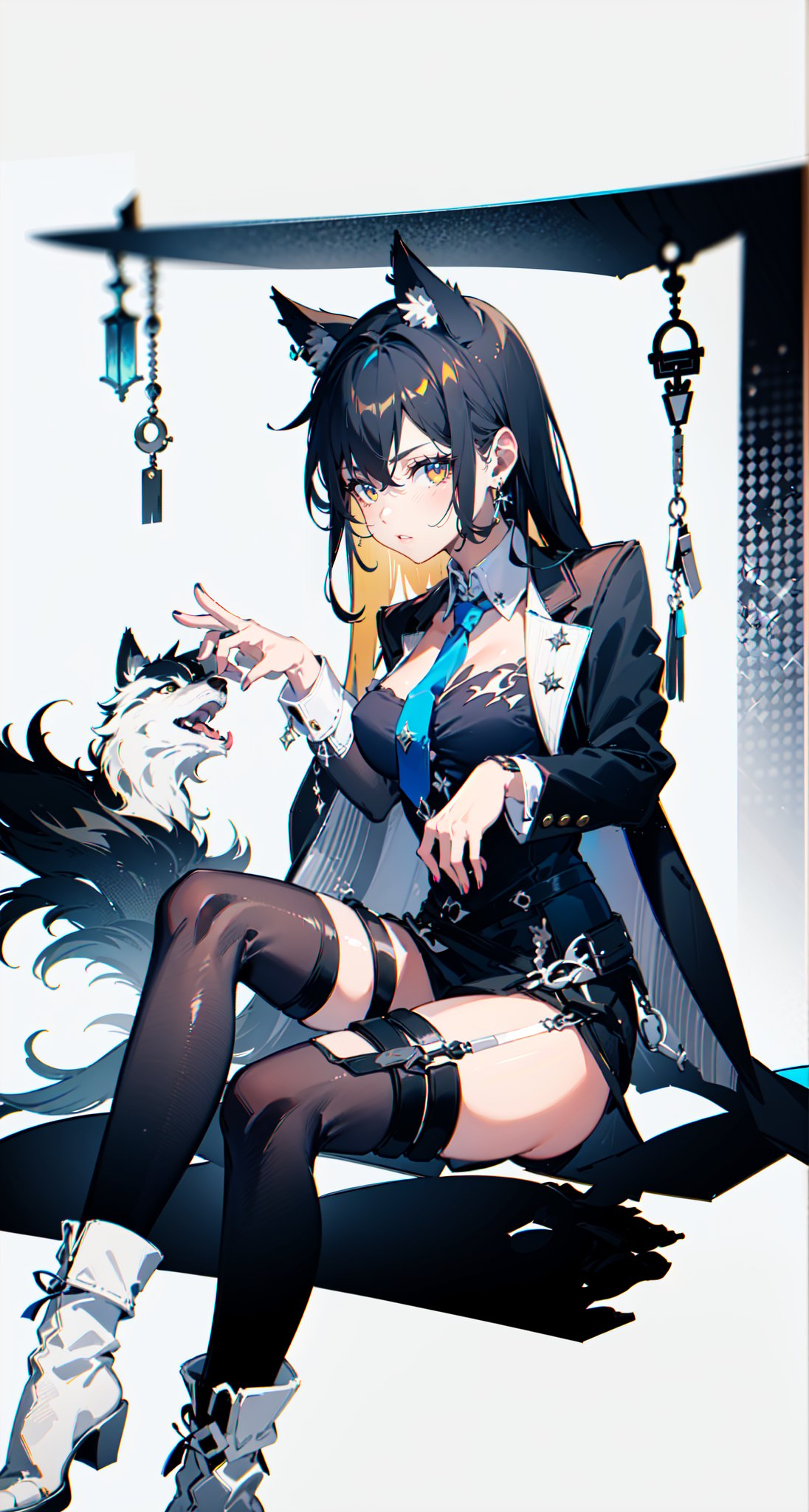 1girl, [slim body], [Full body, full body image], concept art,masterpiece, best quality, breasts,earrings, jacket, long_hair, long_sleeves, looking_at_viewer, necktie,  shirt, solo, asymmetrical_bangs,asymmetrical_legwear,pelvic_curtain,Omertosa, white boots,  wolf ears in hair,black pantyhose,black hair
