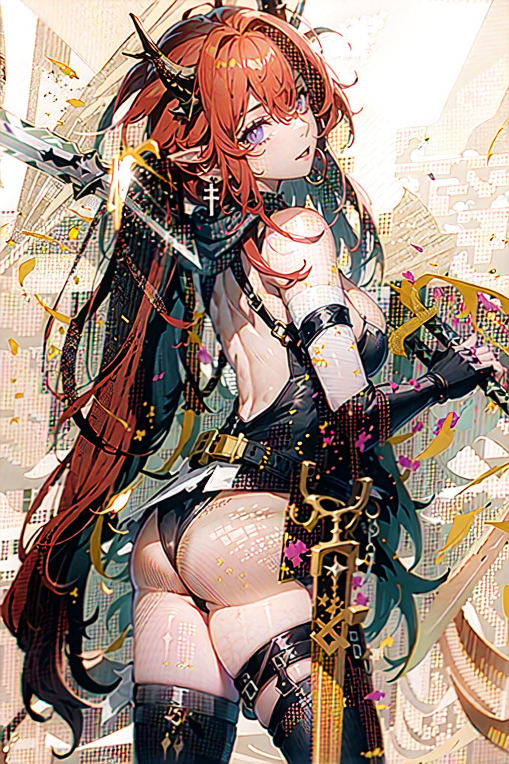 1girl, [slim body], [Full body, full body image], concept art,masterpiece, best quality,  breasts,earrings, red hair,horns,looking_at_viewer,   solo, origen,freedom,crop_top,asymmetrical_bangs,asymmetrical_legwear,Laevatain,leg_ribbon,elbow_fingerless_gloves,long_hair,high-(waist_skirt),sleeveless_shirt,white_shirt,white left shoulder cape,sword,sword on the ground,glowing sword,huge sword,crossed_legs_(standing),cloak,cleavage cutout,tiny_breasts,race_queen,id_card,red sword,white top,pointy_ears,weapon_on_back,pelvic_curtain,Chinese style